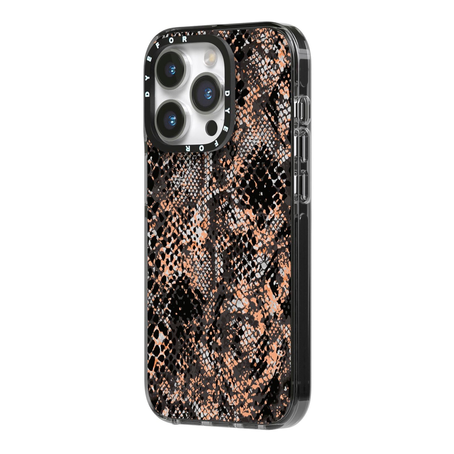 Snakeskin Print iPhone 14 Pro Black Impact Case Side Angle on Silver phone