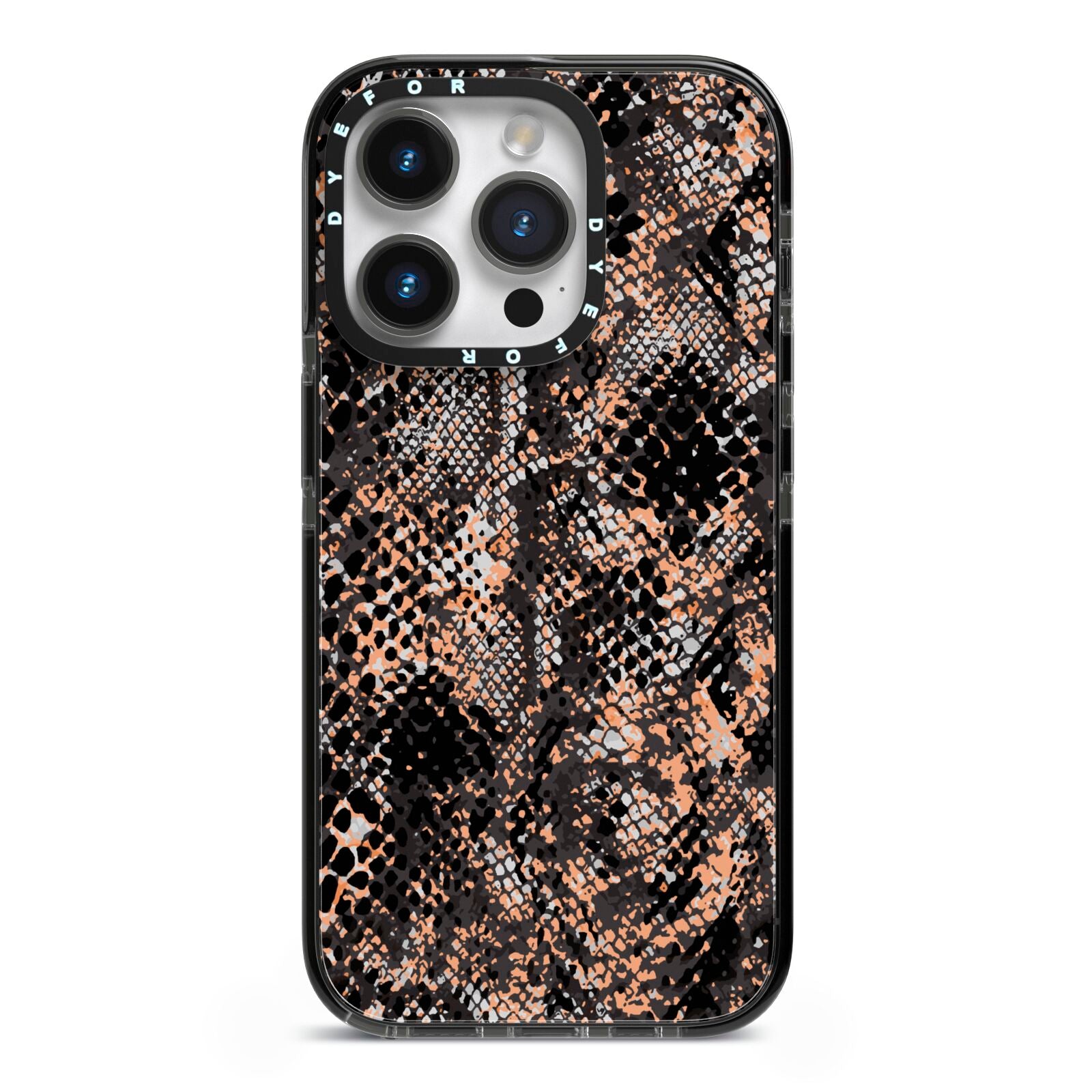 Snakeskin Print iPhone 14 Pro Black Impact Case on Silver phone