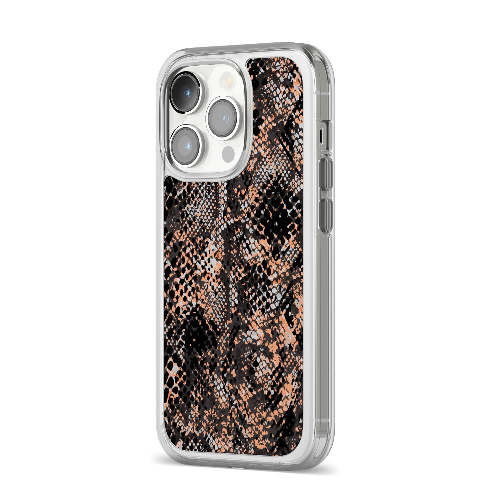 Snakeskin Print iPhone 14 Pro Clear Tough Case Silver Angled Image