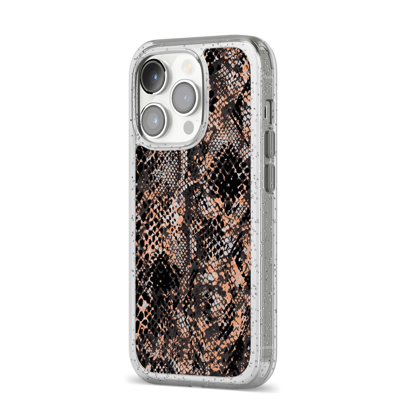 Snakeskin Print iPhone 14 Pro Glitter Tough Case Silver Angled Image