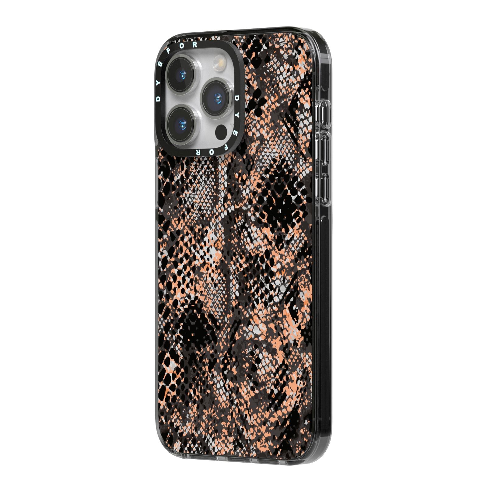 Snakeskin Print iPhone 14 Pro Max Black Impact Case Side Angle on Silver phone