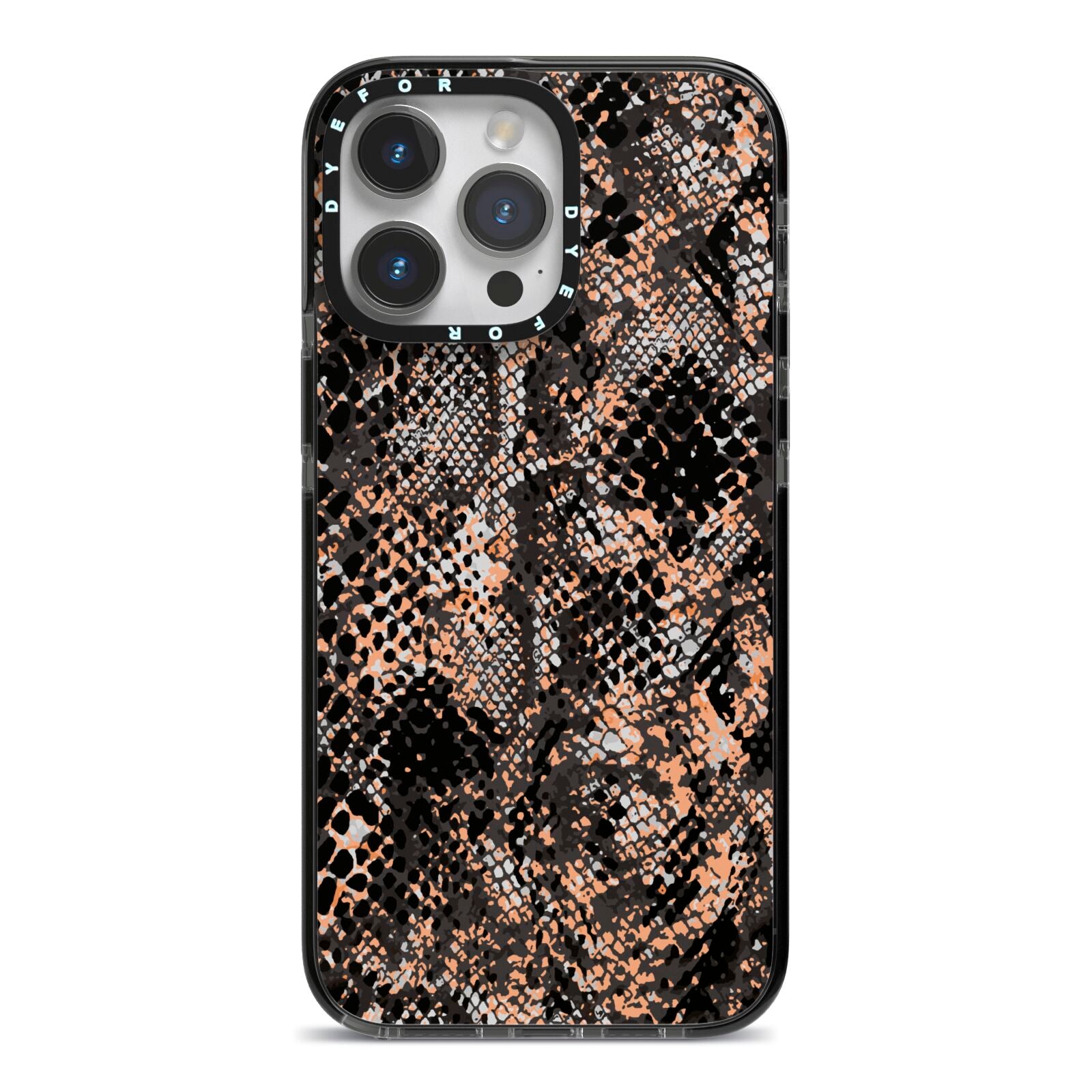 Snakeskin Print iPhone 14 Pro Max Black Impact Case on Silver phone