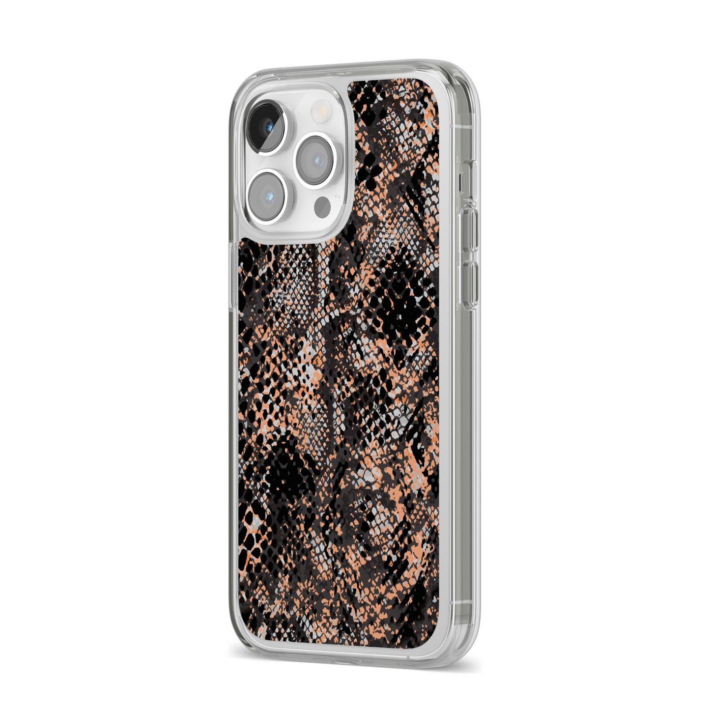 Snakeskin Print iPhone 14 Pro Max Clear Tough Case Silver Angled Image