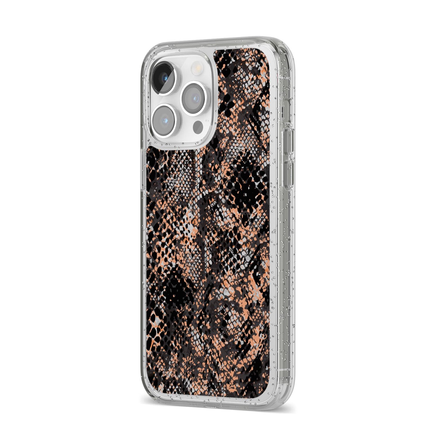 Snakeskin Print iPhone 14 Pro Max Glitter Tough Case Silver Angled Image