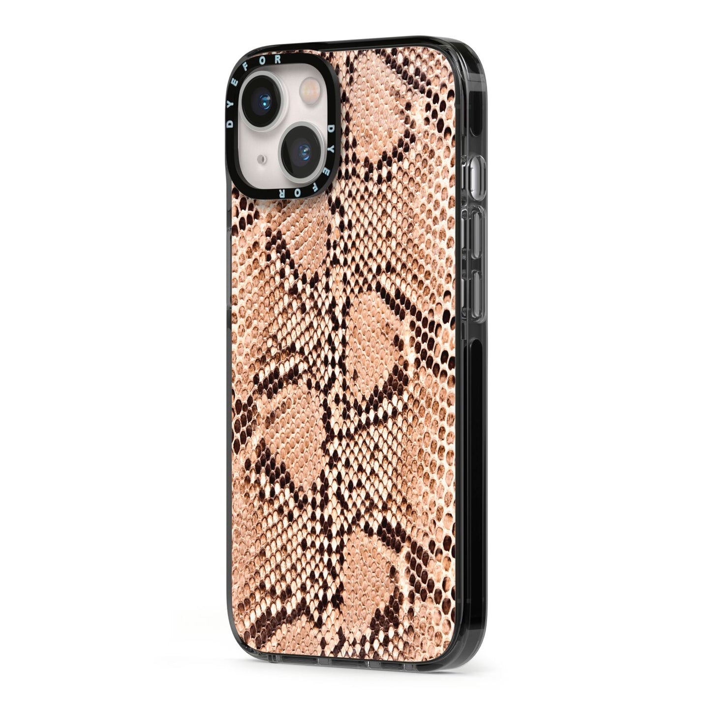 Snakeskin iPhone 13 Black Impact Case Side Angle on Silver phone