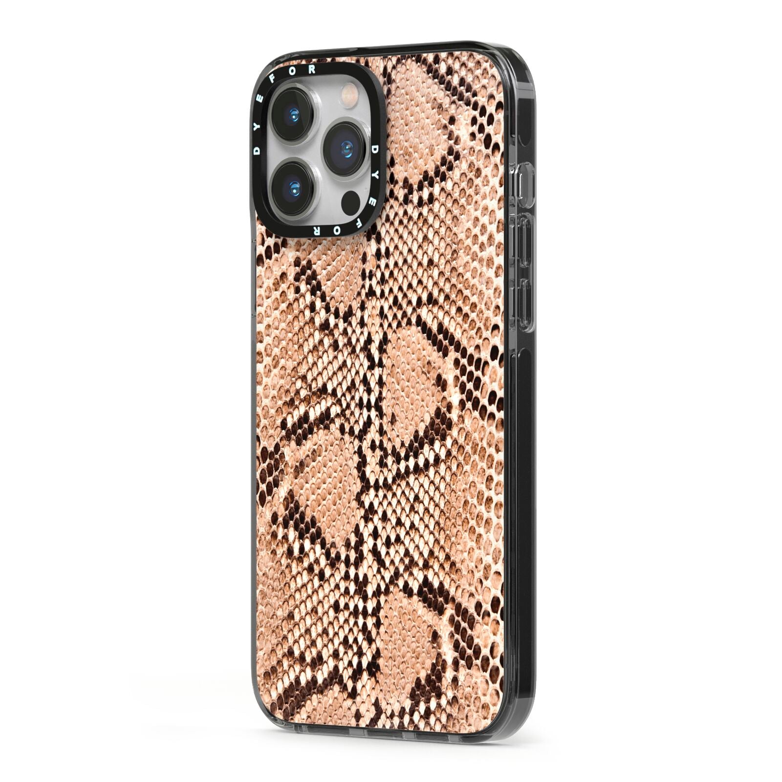 Snakeskin iPhone 13 Pro Max Black Impact Case Side Angle on Silver phone