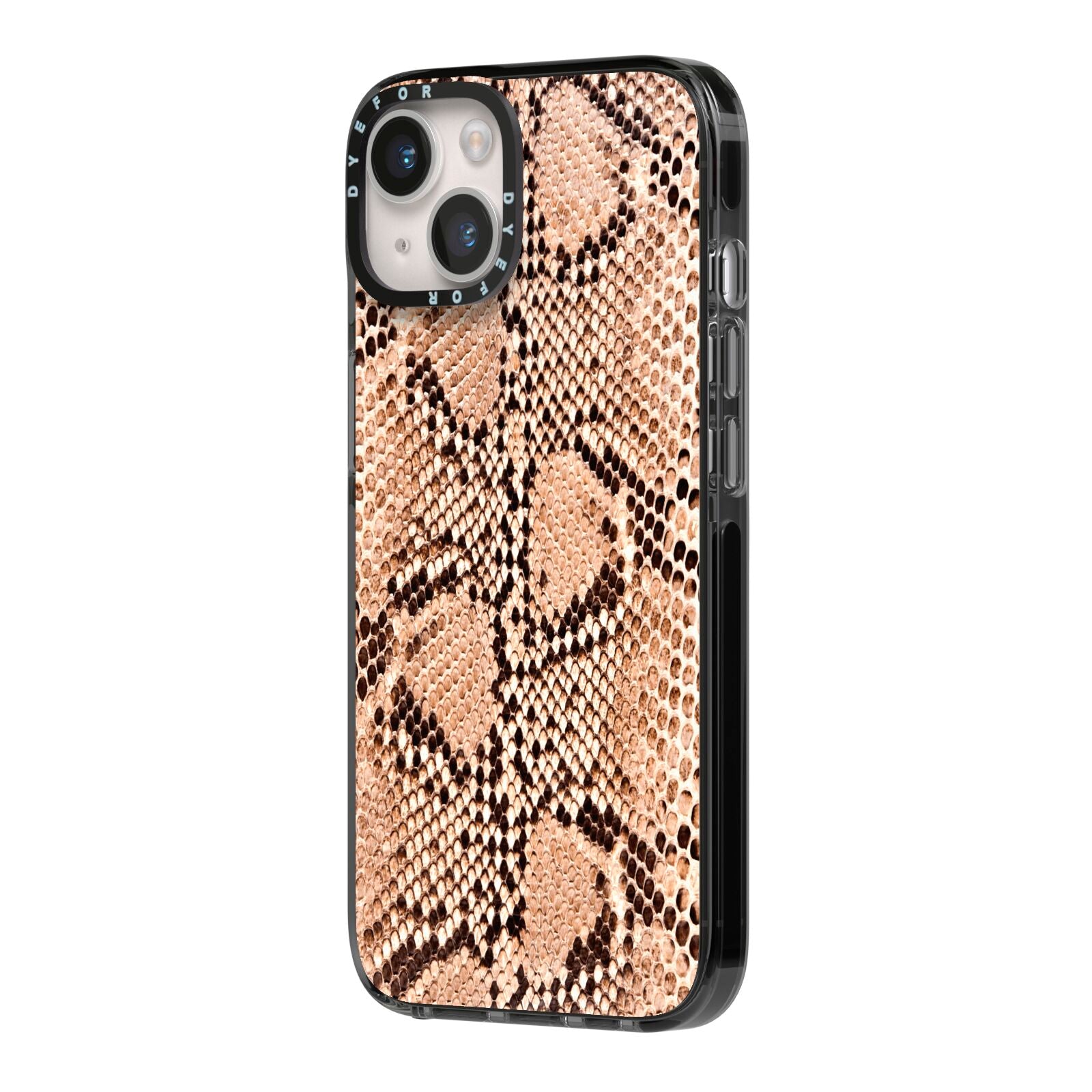 Snakeskin iPhone 14 Black Impact Case Side Angle on Silver phone