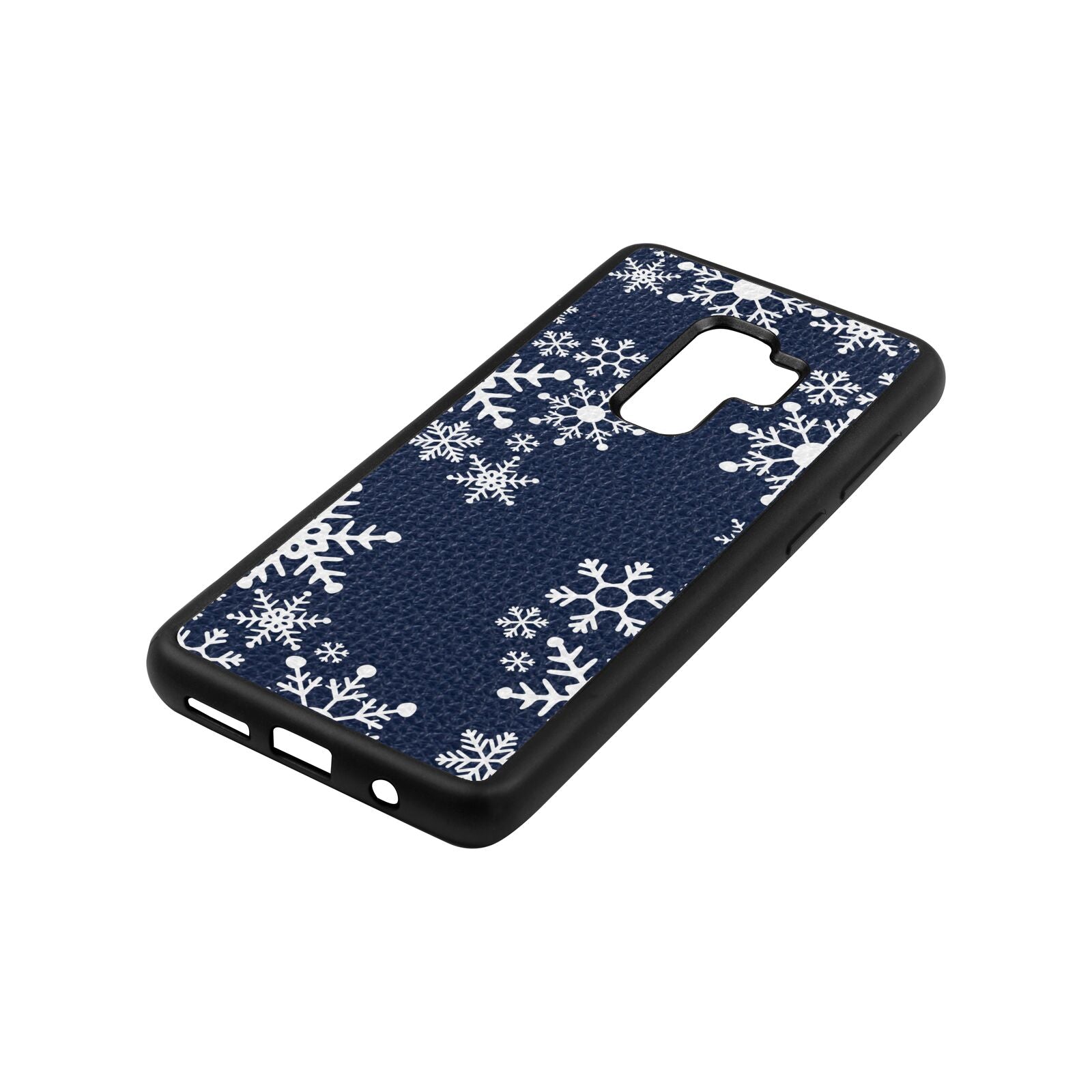 Snowflake Navy Blue Pebble Leather Samsung S9 Plus Case Side Angle