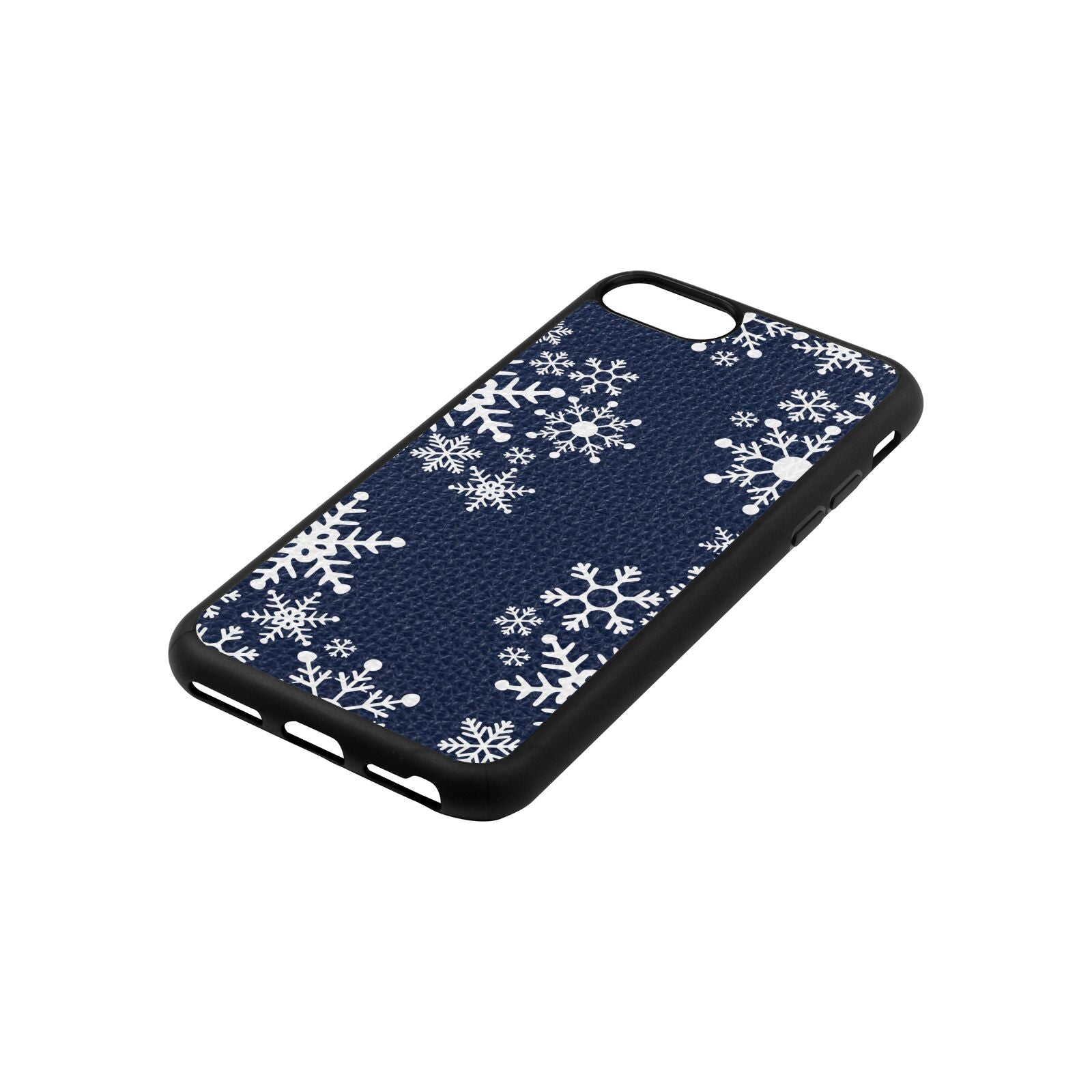 Snowflake Navy Blue Pebble Leather iPhone 8 Case Side Angle