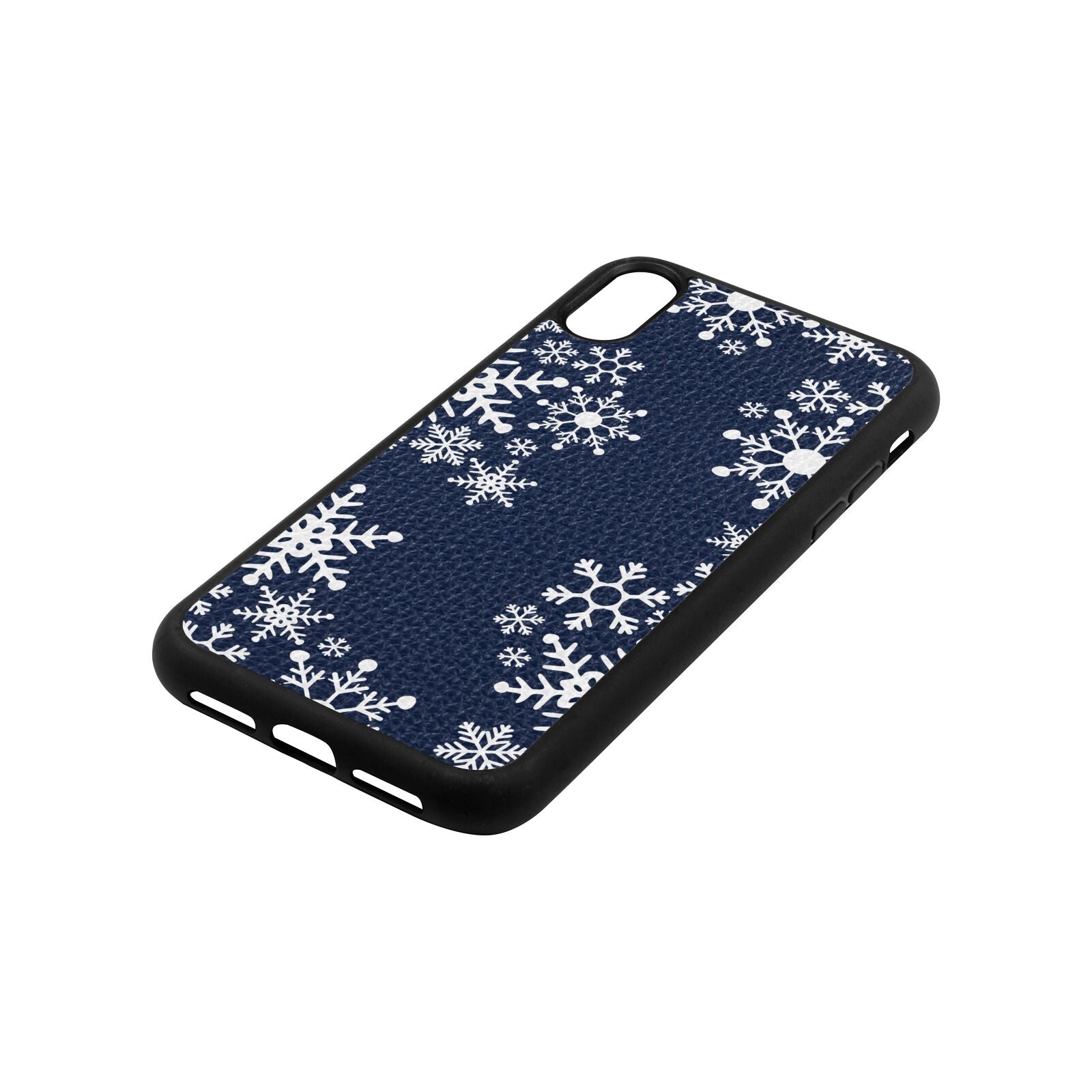 Snowflake Navy Blue Pebble Leather iPhone Xr Case Side Angle