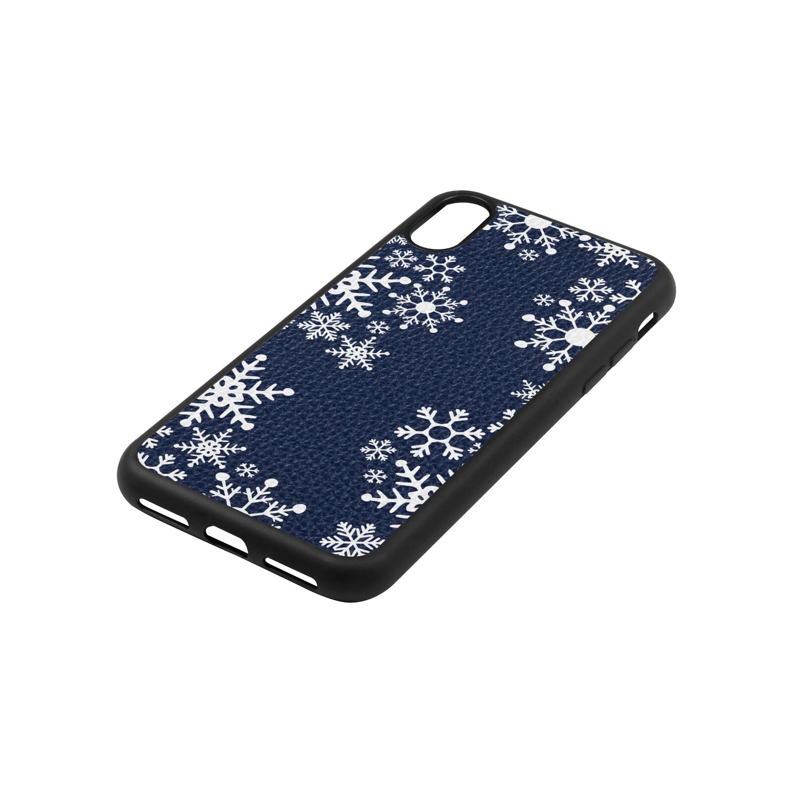 Snowflake Navy Blue Pebble Leather iPhone Xs Case Side Image