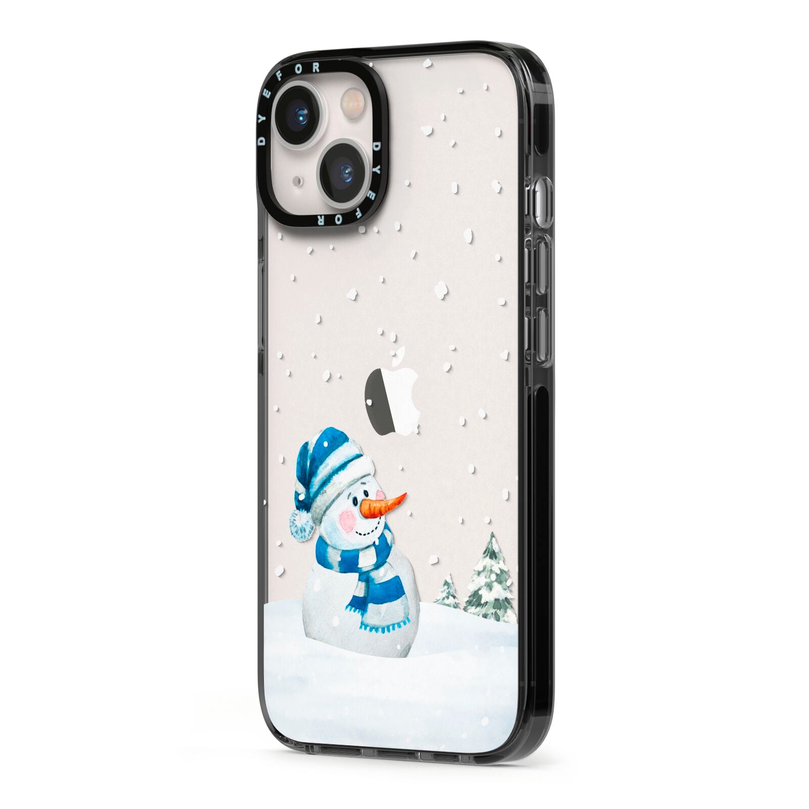 Snowman iPhone 13 Black Impact Case Side Angle on Silver phone