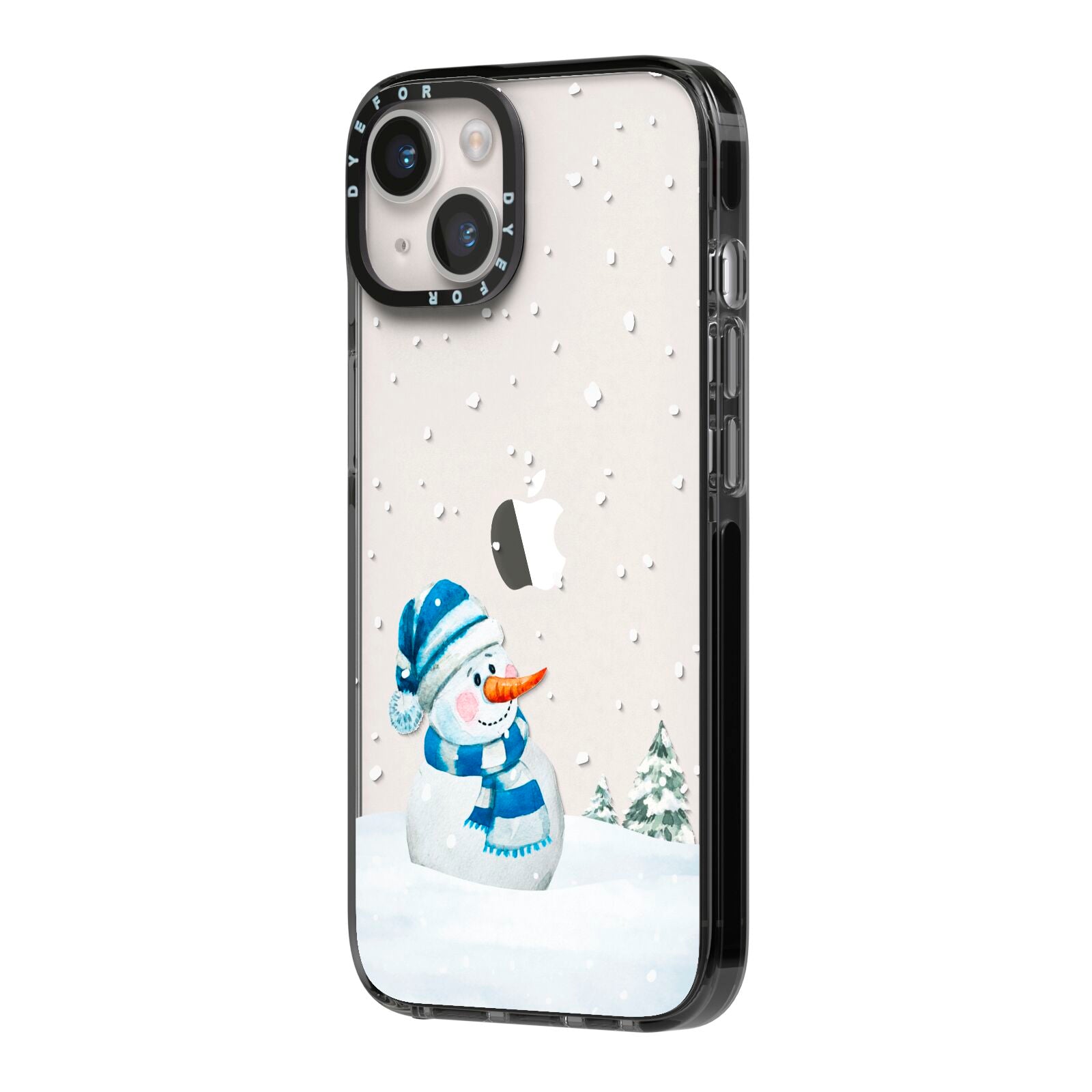 Snowman iPhone 14 Black Impact Case Side Angle on Silver phone