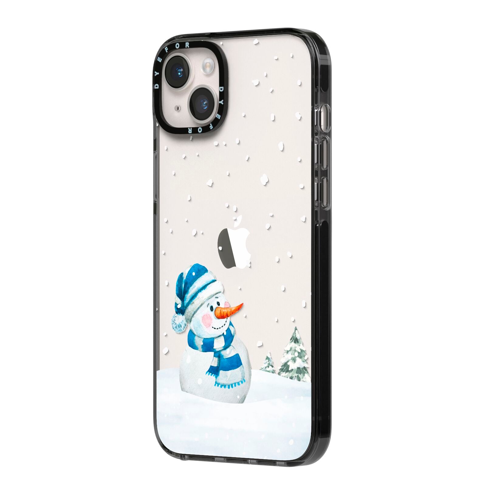 Snowman iPhone 14 Plus Black Impact Case Side Angle on Silver phone