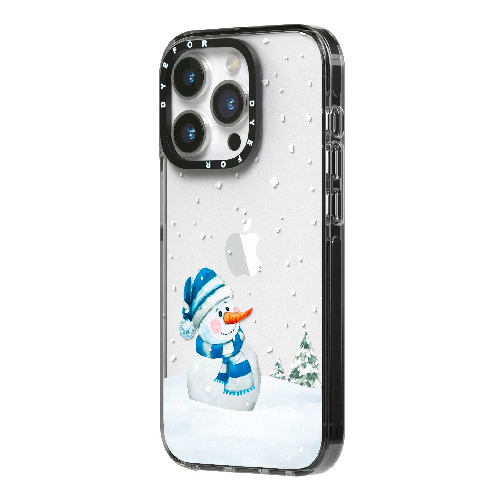 Snowman iPhone 14 Pro Black Impact Case Side Angle on Silver phone