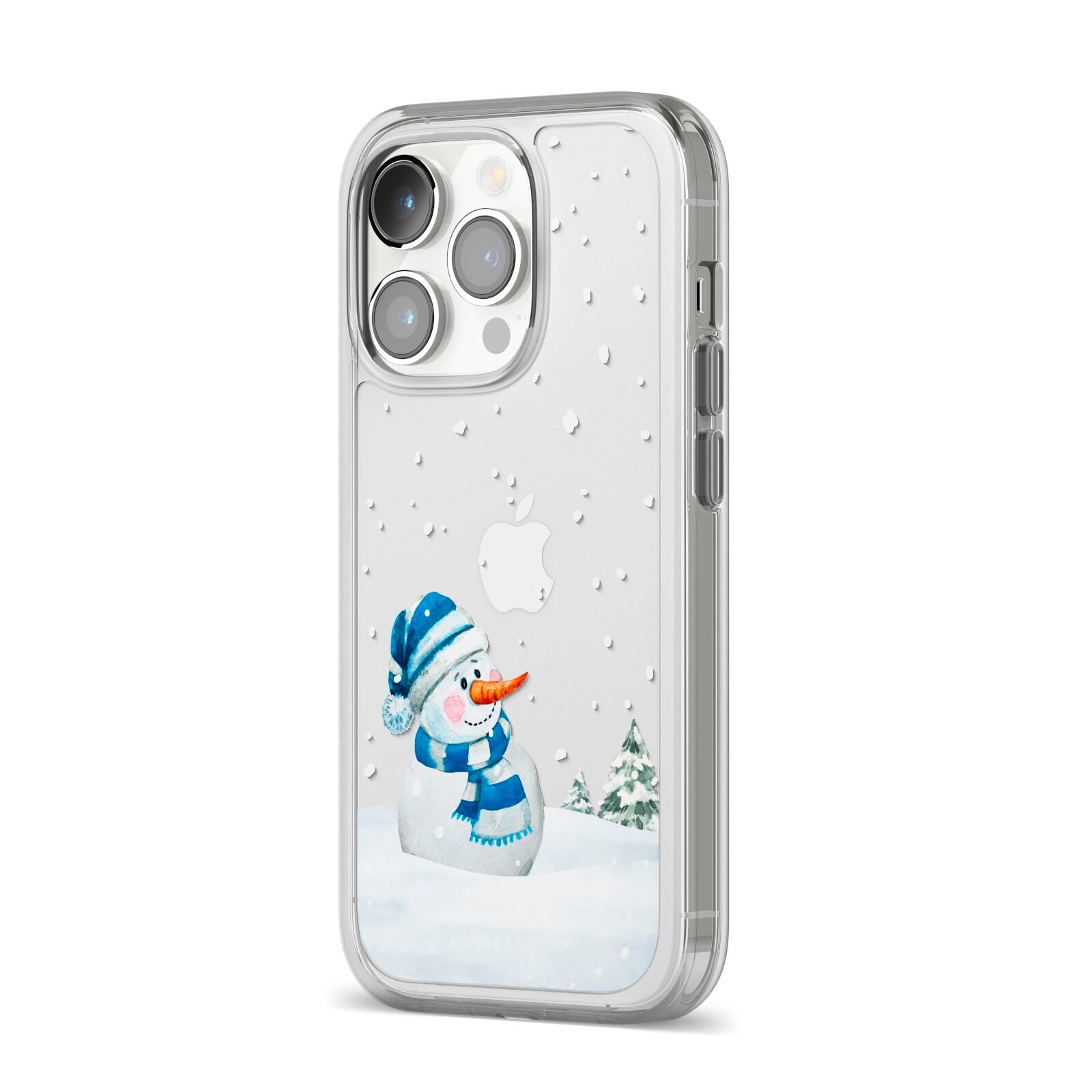 Snowman iPhone 14 Pro Clear Tough Case Silver Angled Image