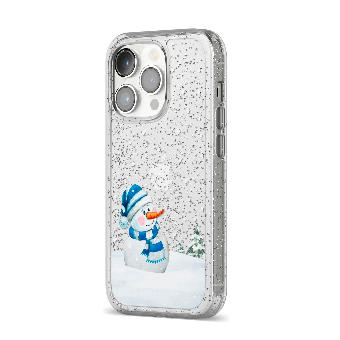 Snowman iPhone 14 Pro Glitter Tough Case Silver Angled Image