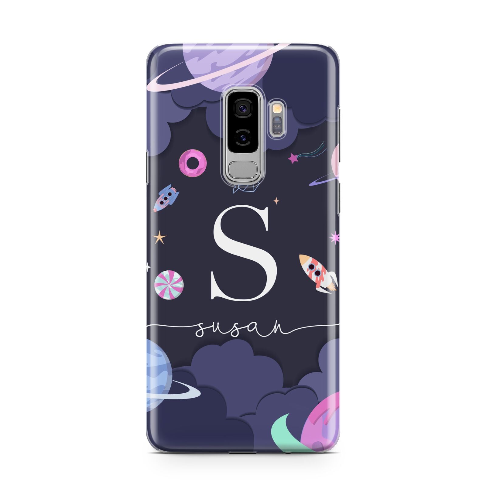 Space Personalised Initial Name Samsung Galaxy S9 Plus Case on Silver phone