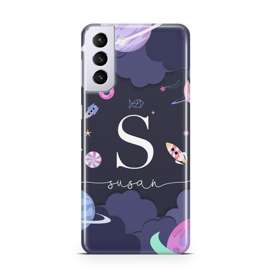 Space Personalised Initial Name Samsung S21 Plus Phone Case