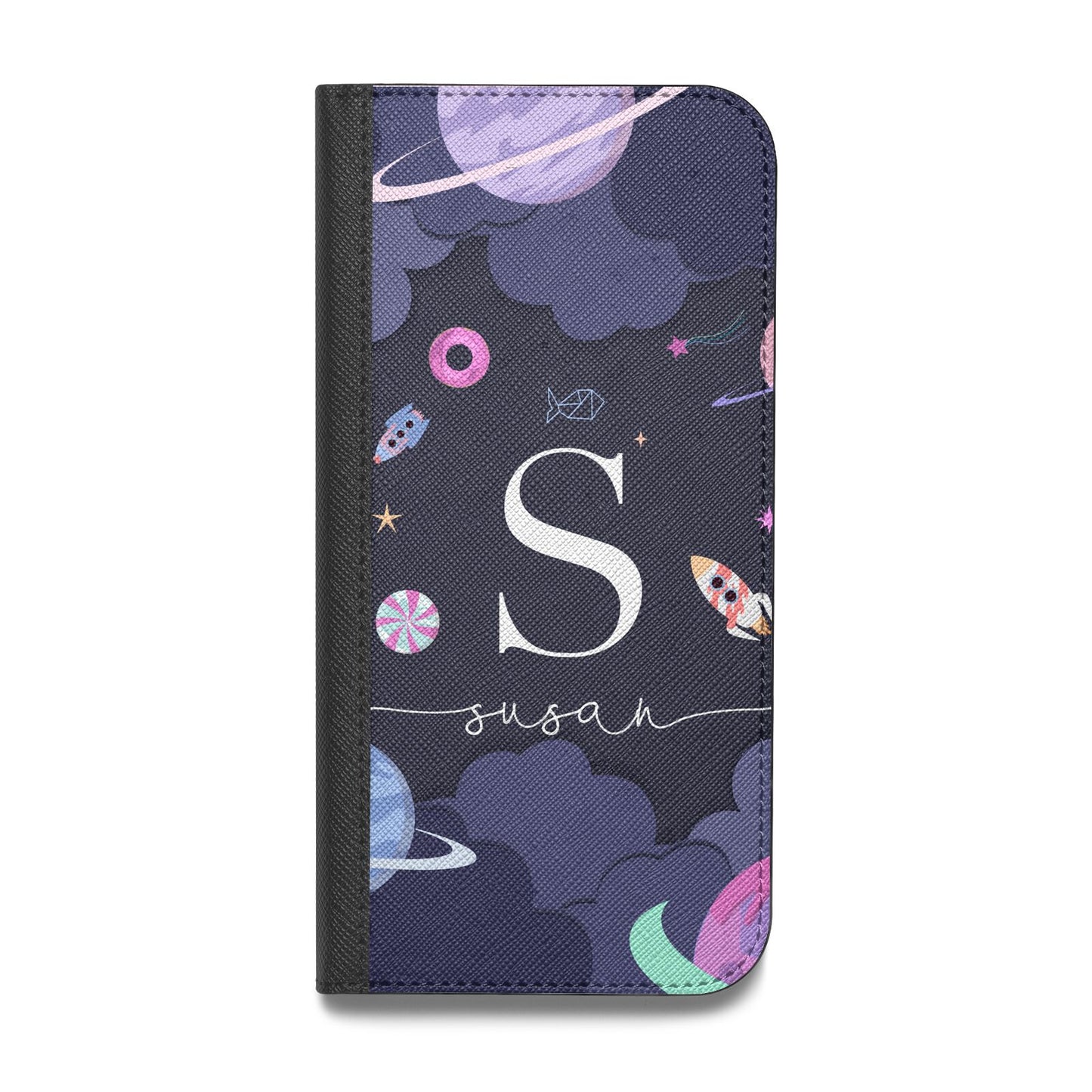 Space Personalised Initial Name Vegan Leather Flip iPhone Case