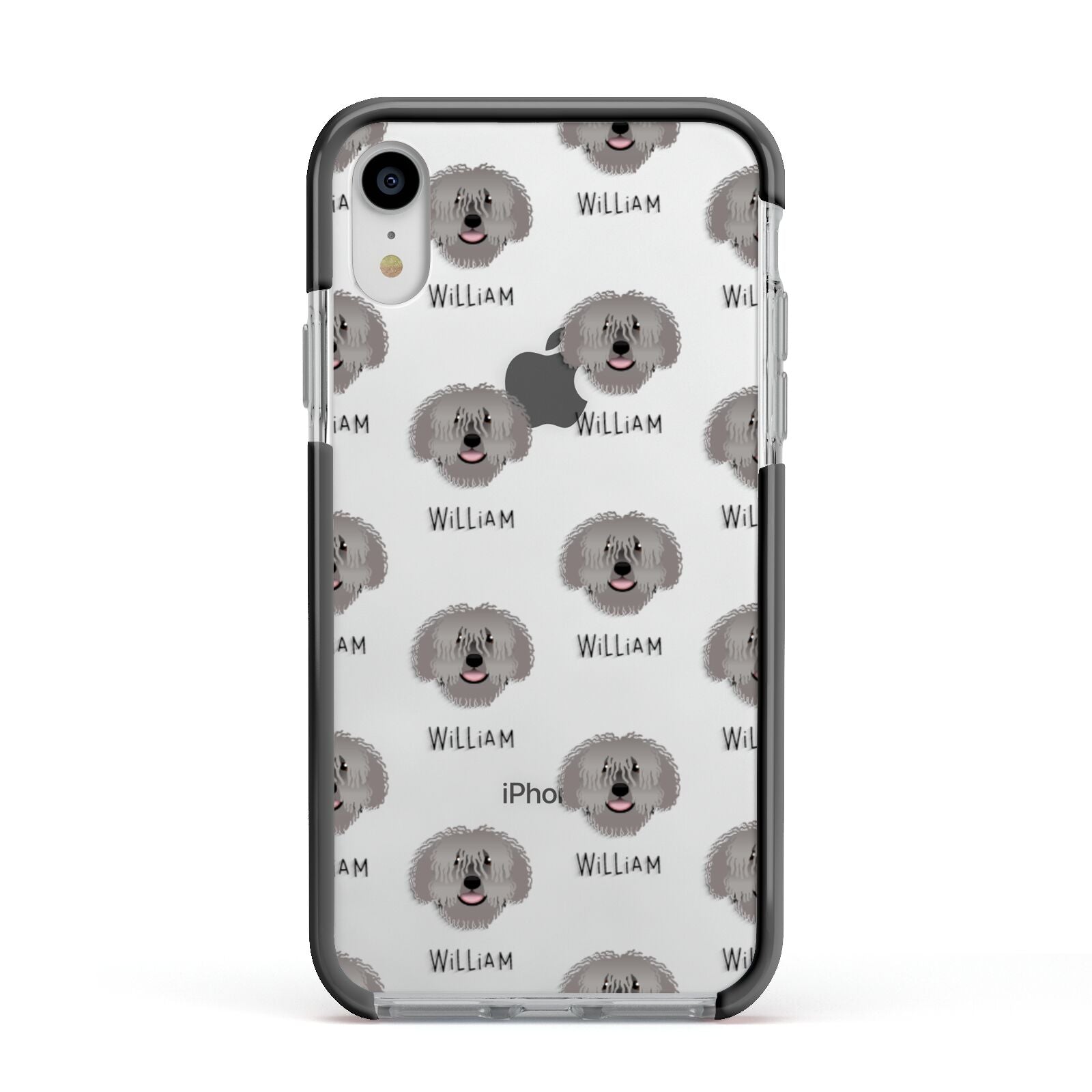Spanish Water Dog Icon with Name Apple iPhone XR Impact Case Black Edge on Silver Phone