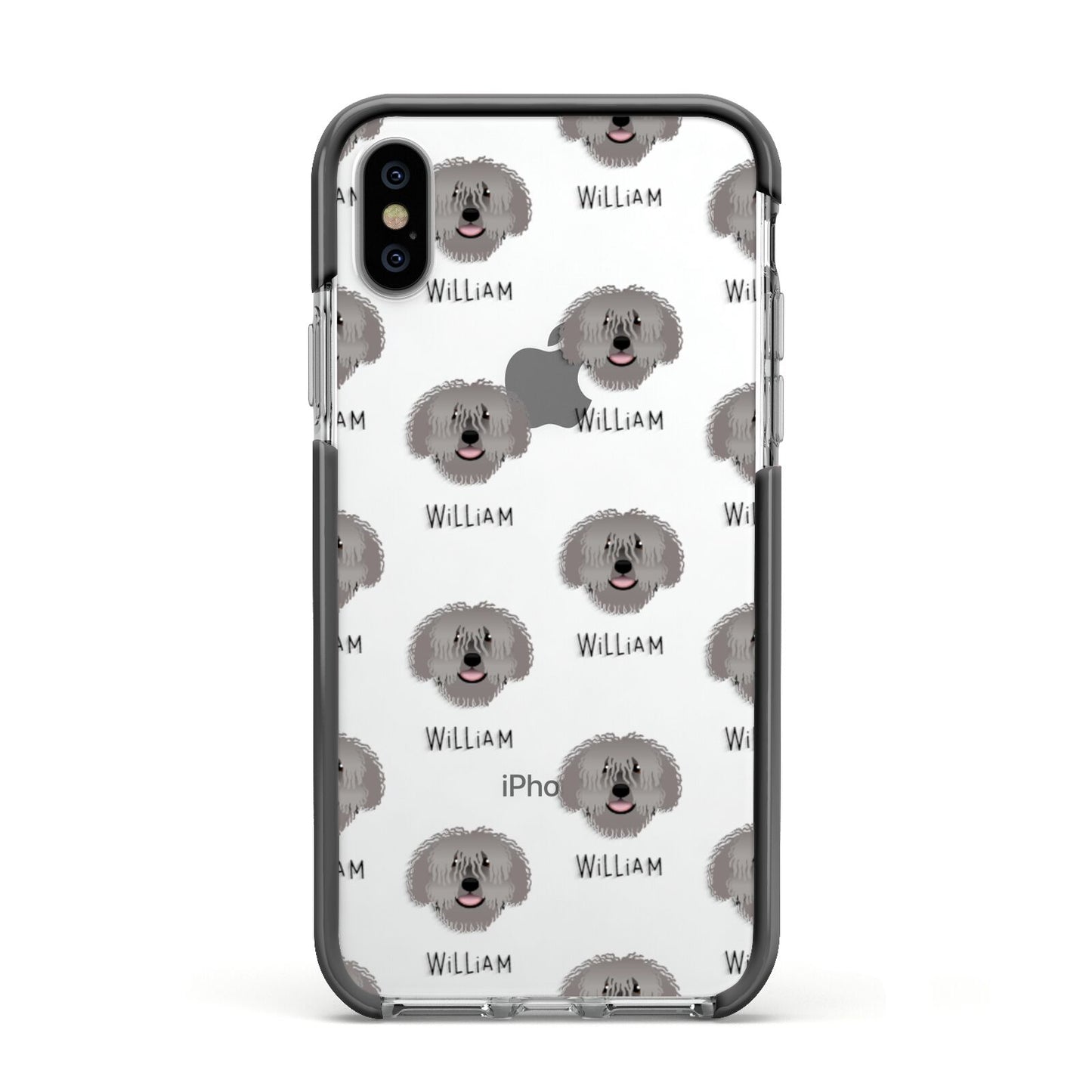 Spanish Water Dog Icon with Name Apple iPhone Xs Impact Case Black Edge on Silver Phone