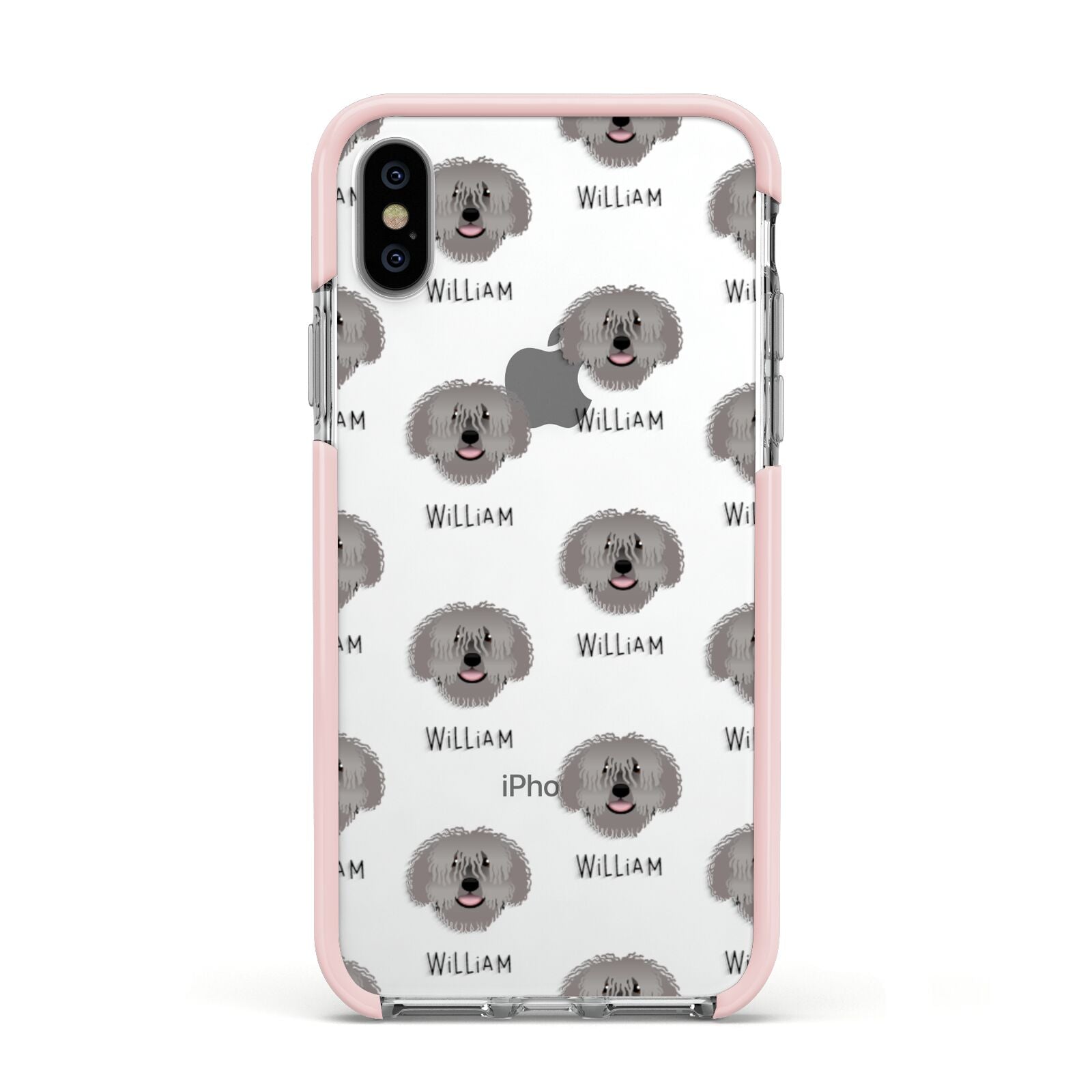 Spanish Water Dog Icon with Name Apple iPhone Xs Impact Case Pink Edge on Silver Phone