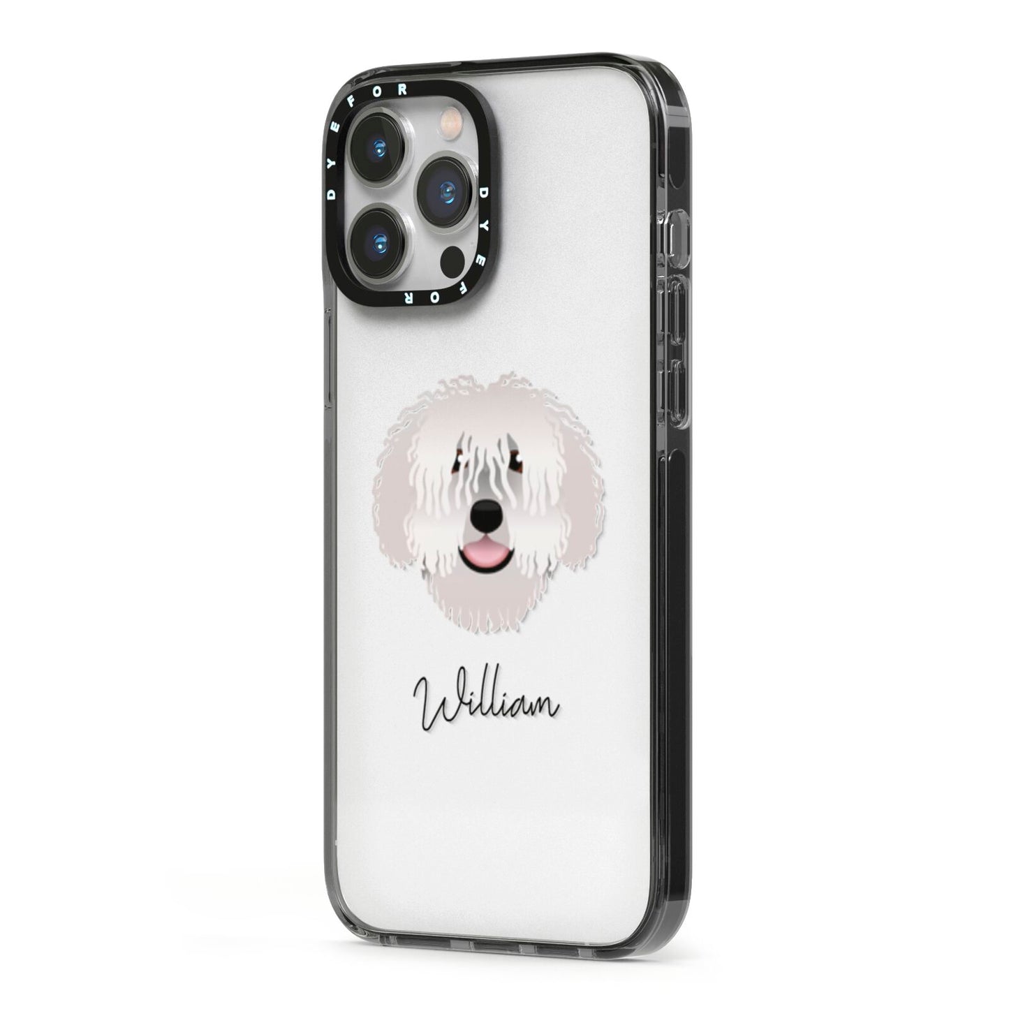 Spanish Water Dog Personalised iPhone 13 Pro Max Black Impact Case Side Angle on Silver phone