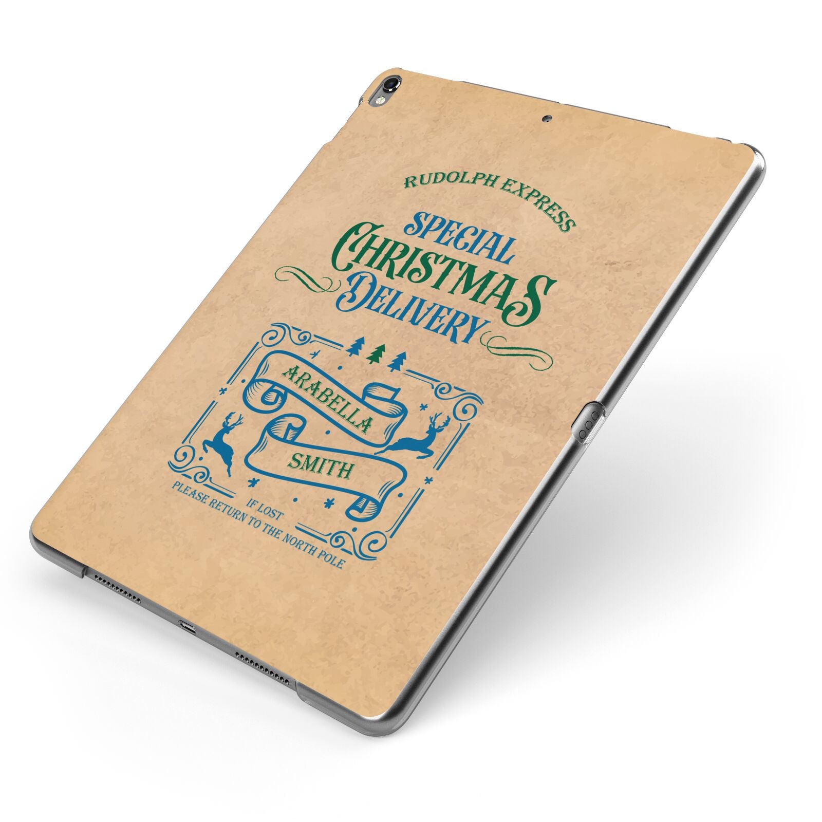 Special Christmas Delivery Personalised Apple iPad Case on Grey iPad Side View