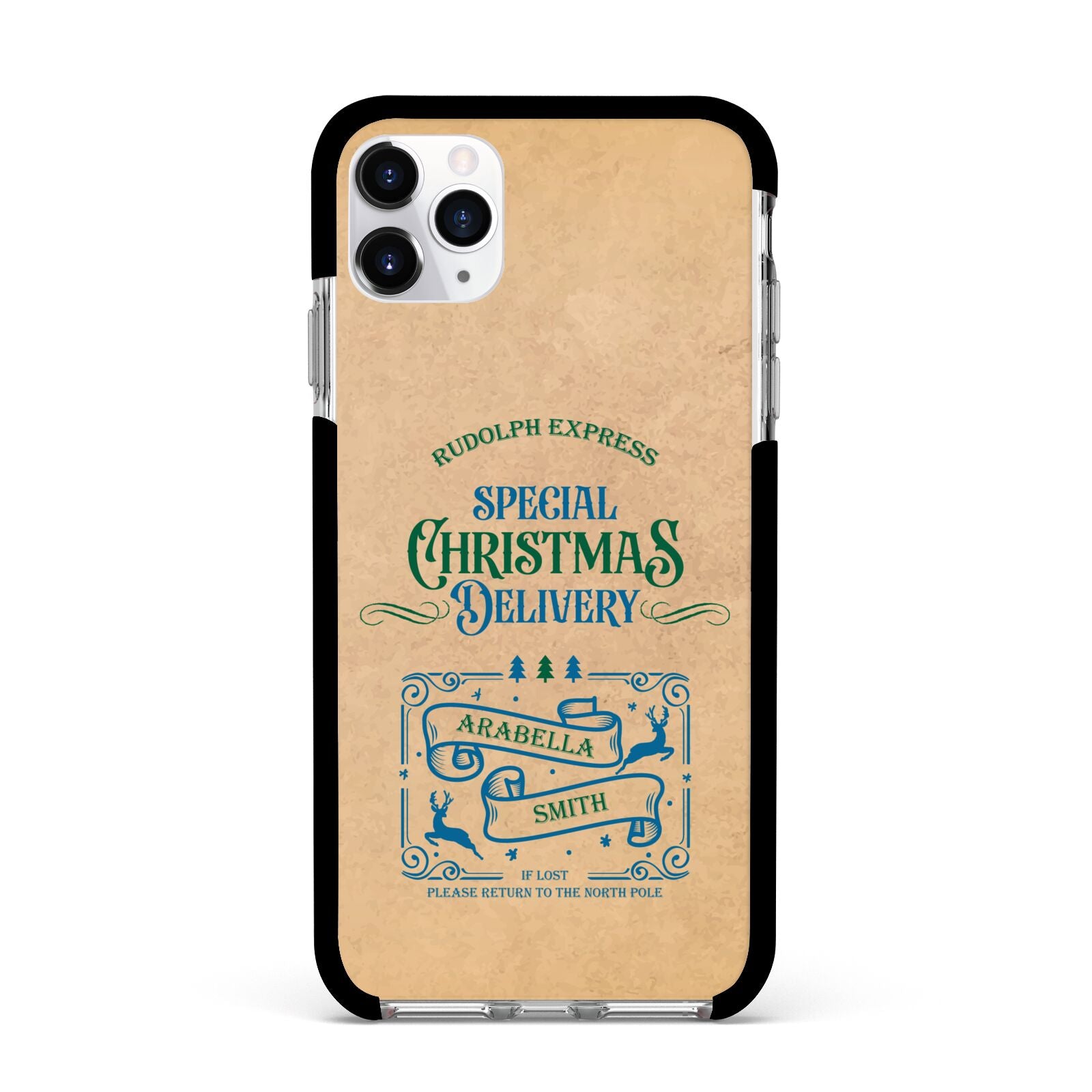 Special Christmas Delivery Personalised Apple iPhone 11 Pro Max in Silver with Black Impact Case