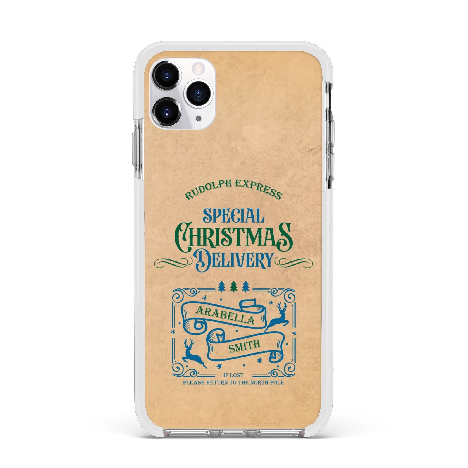 Special Christmas Delivery Personalised Apple iPhone 11 Pro Max in Silver with White Impact Case