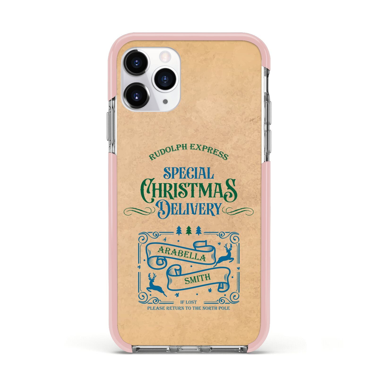 Special Christmas Delivery Personalised Apple iPhone 11 Pro in Silver with Pink Impact Case