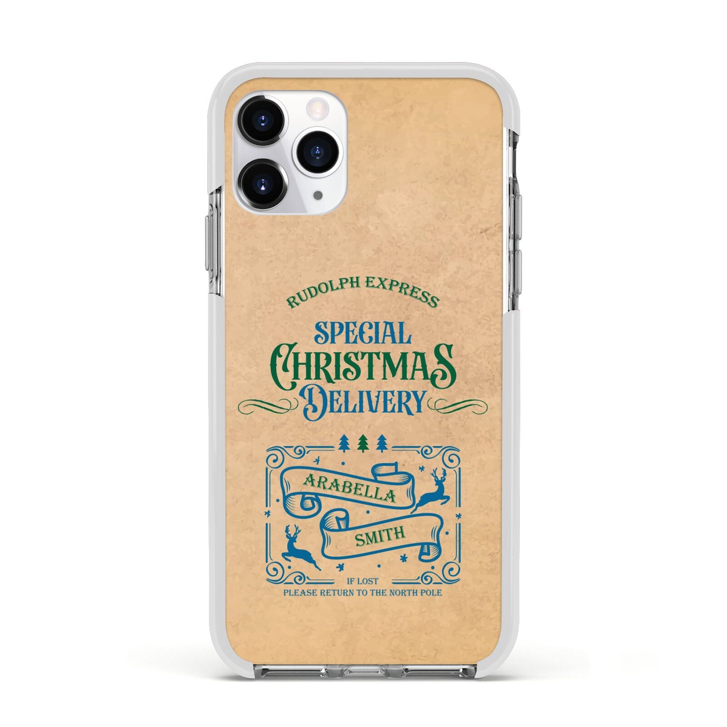 Special Christmas Delivery Personalised Apple iPhone 11 Pro in Silver with White Impact Case