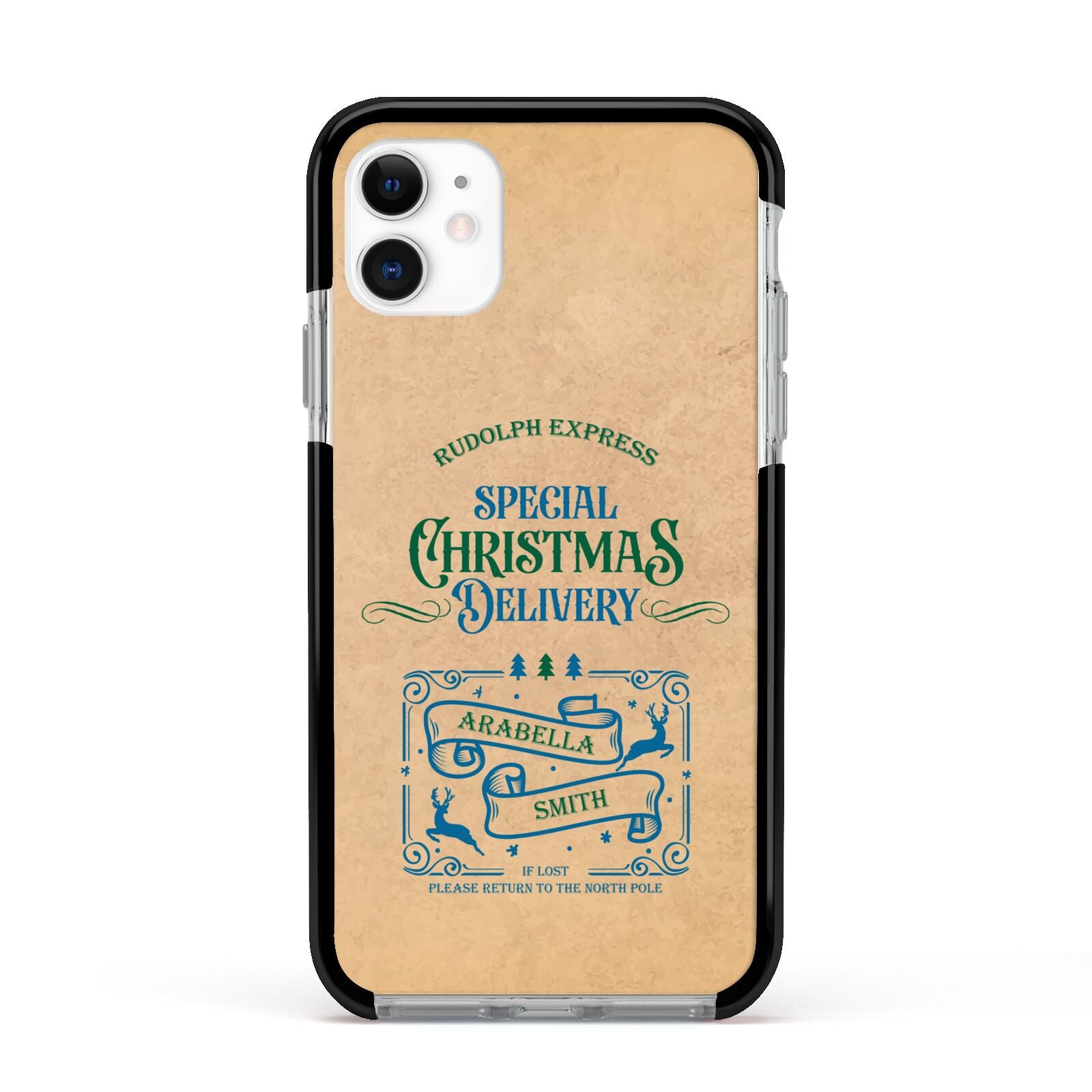 Special Christmas Delivery Personalised Apple iPhone 11 in White with Black Impact Case