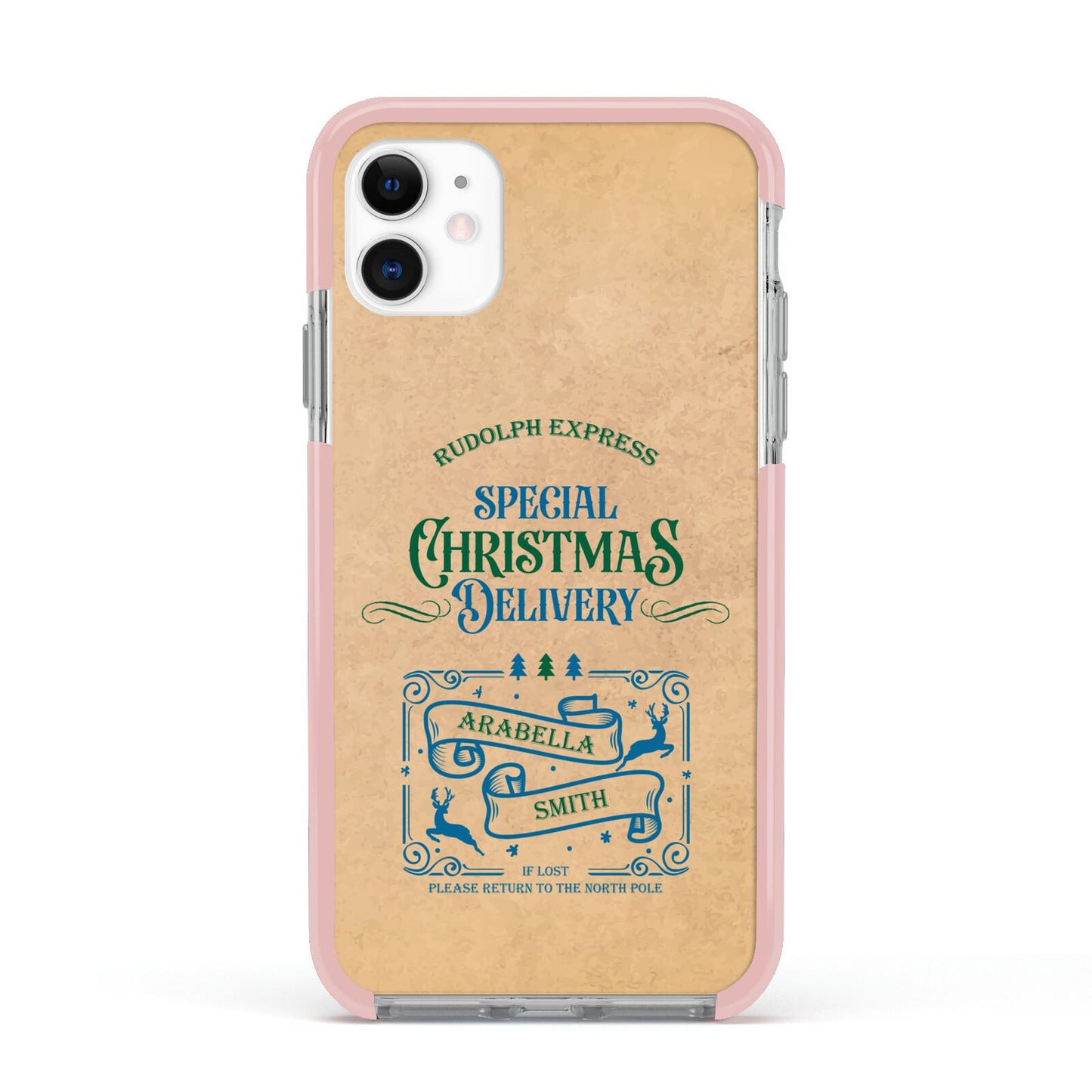 Special Christmas Delivery Personalised Apple iPhone 11 in White with Pink Impact Case