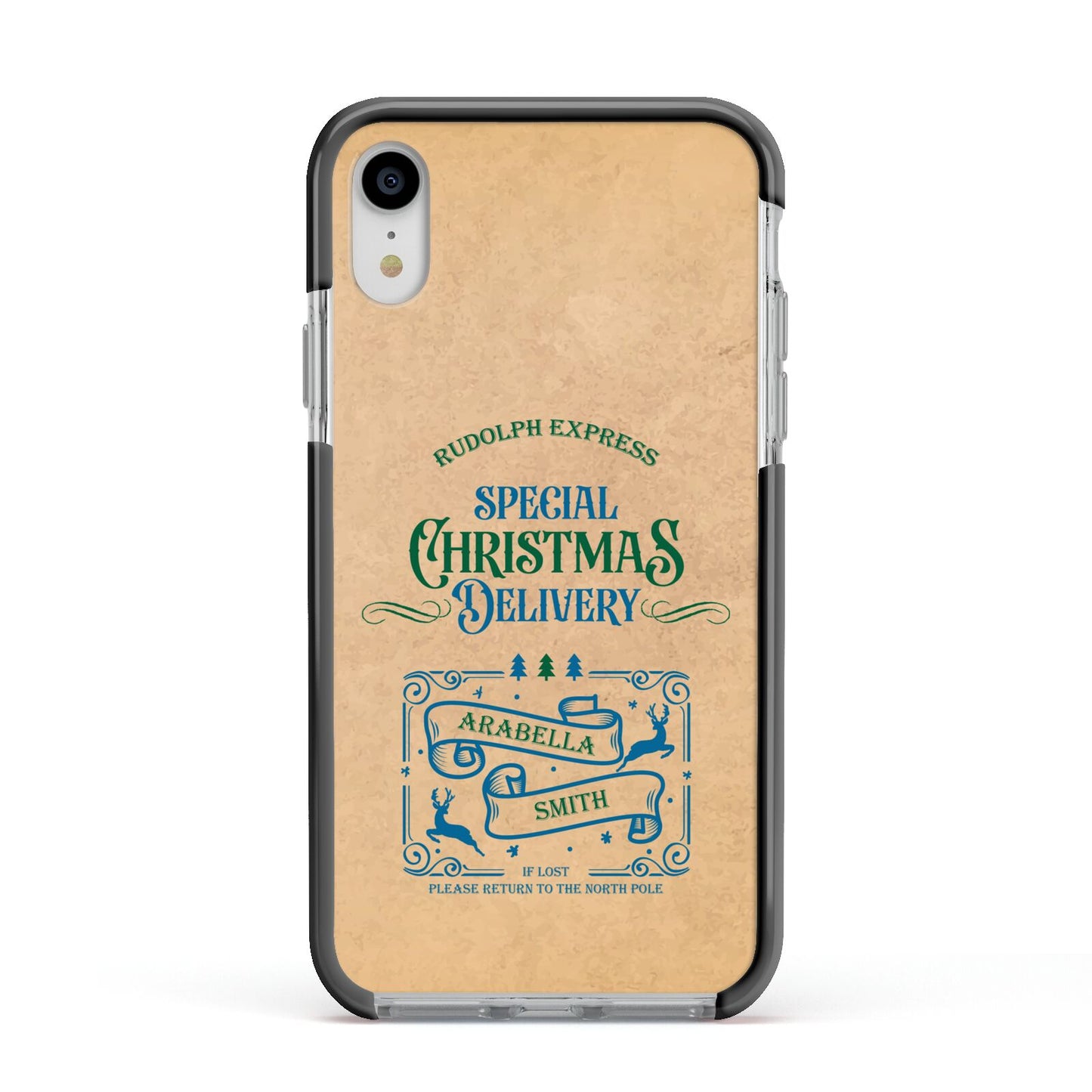 Special Christmas Delivery Personalised Apple iPhone XR Impact Case Black Edge on Silver Phone