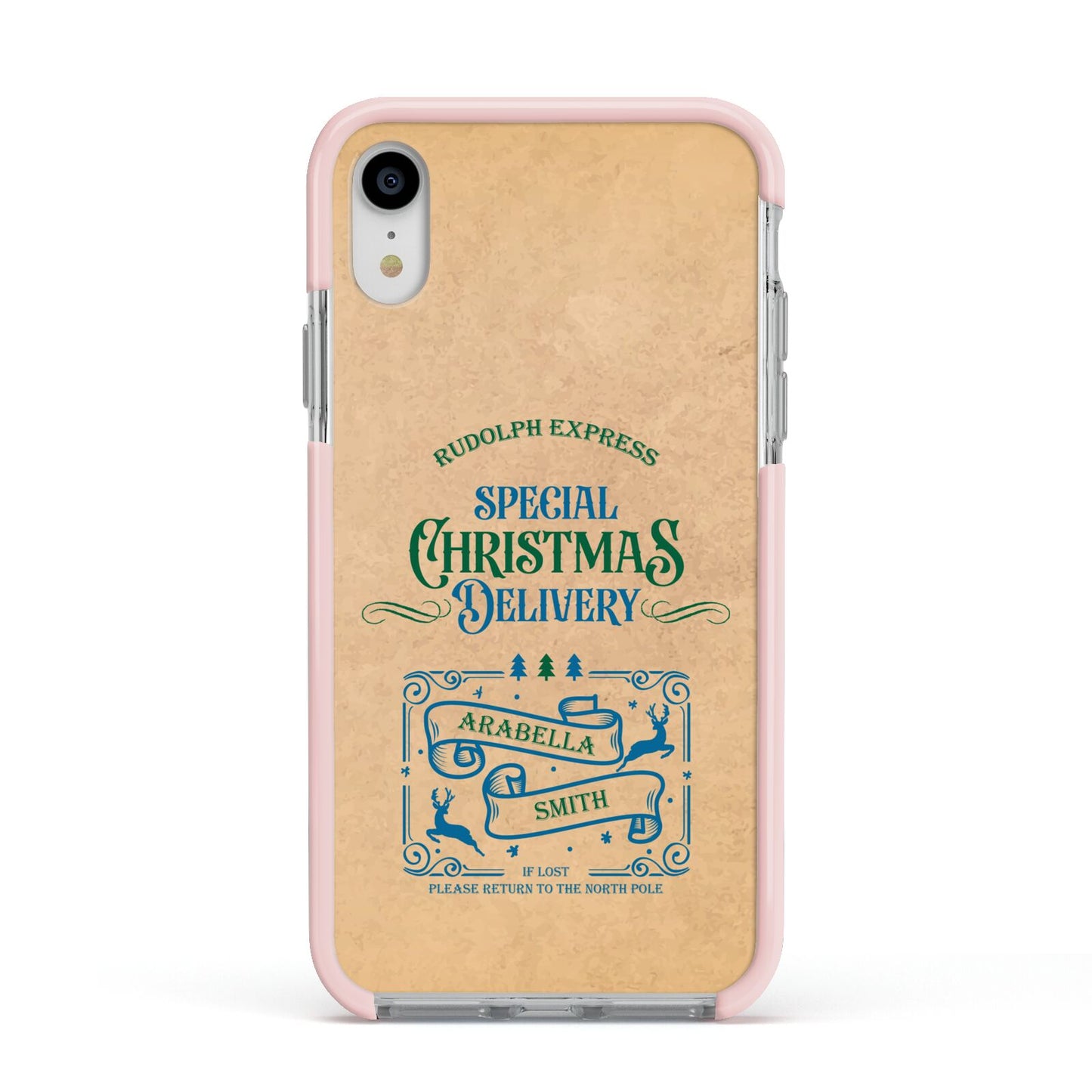 Special Christmas Delivery Personalised Apple iPhone XR Impact Case Pink Edge on Silver Phone