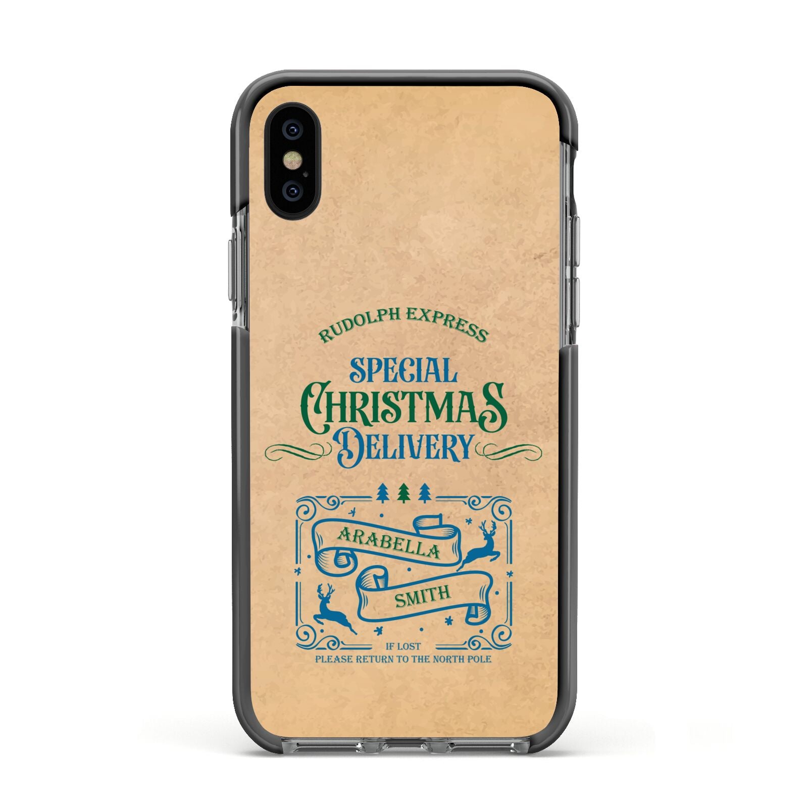 Special Christmas Delivery Personalised Apple iPhone Xs Impact Case Black Edge on Black Phone