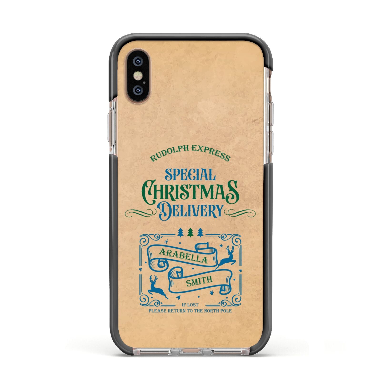 Special Christmas Delivery Personalised Apple iPhone Xs Impact Case Black Edge on Gold Phone