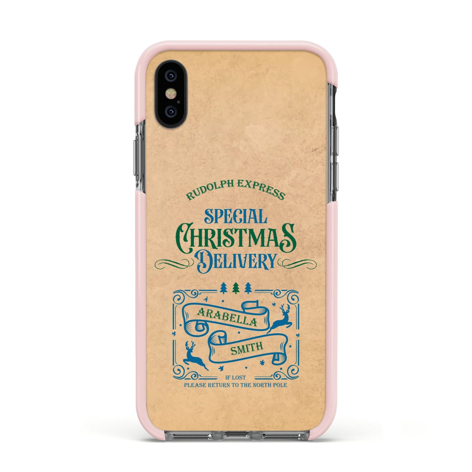 Special Christmas Delivery Personalised Apple iPhone Xs Impact Case Pink Edge on Black Phone