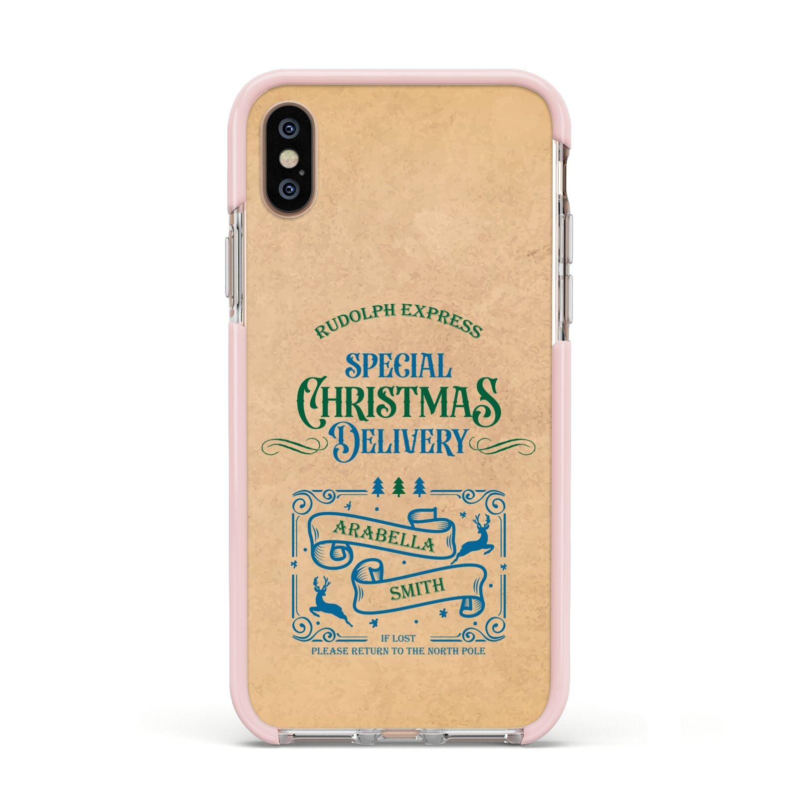 Special Christmas Delivery Personalised Apple iPhone Xs Impact Case Pink Edge on Gold Phone