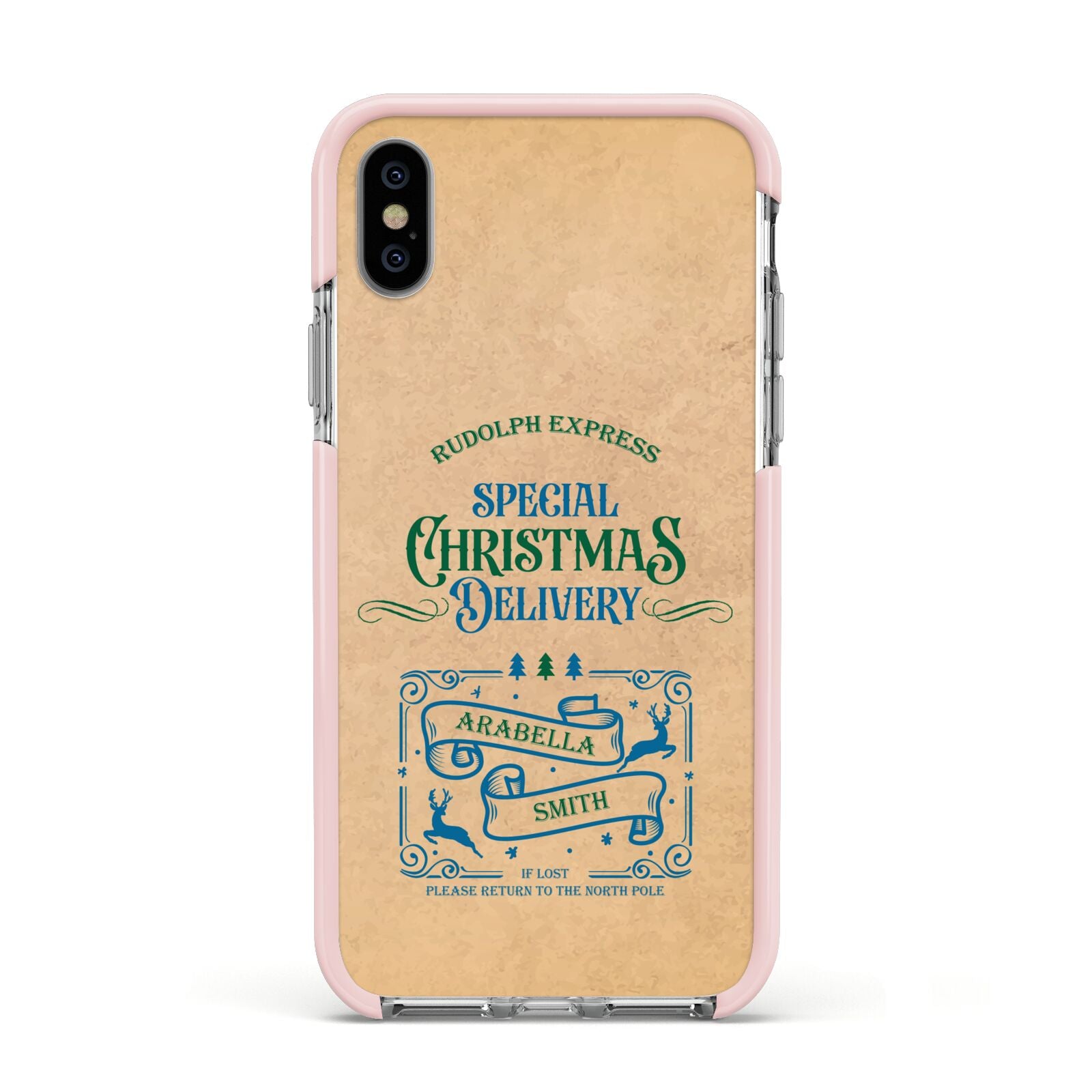 Special Christmas Delivery Personalised Apple iPhone Xs Impact Case Pink Edge on Silver Phone