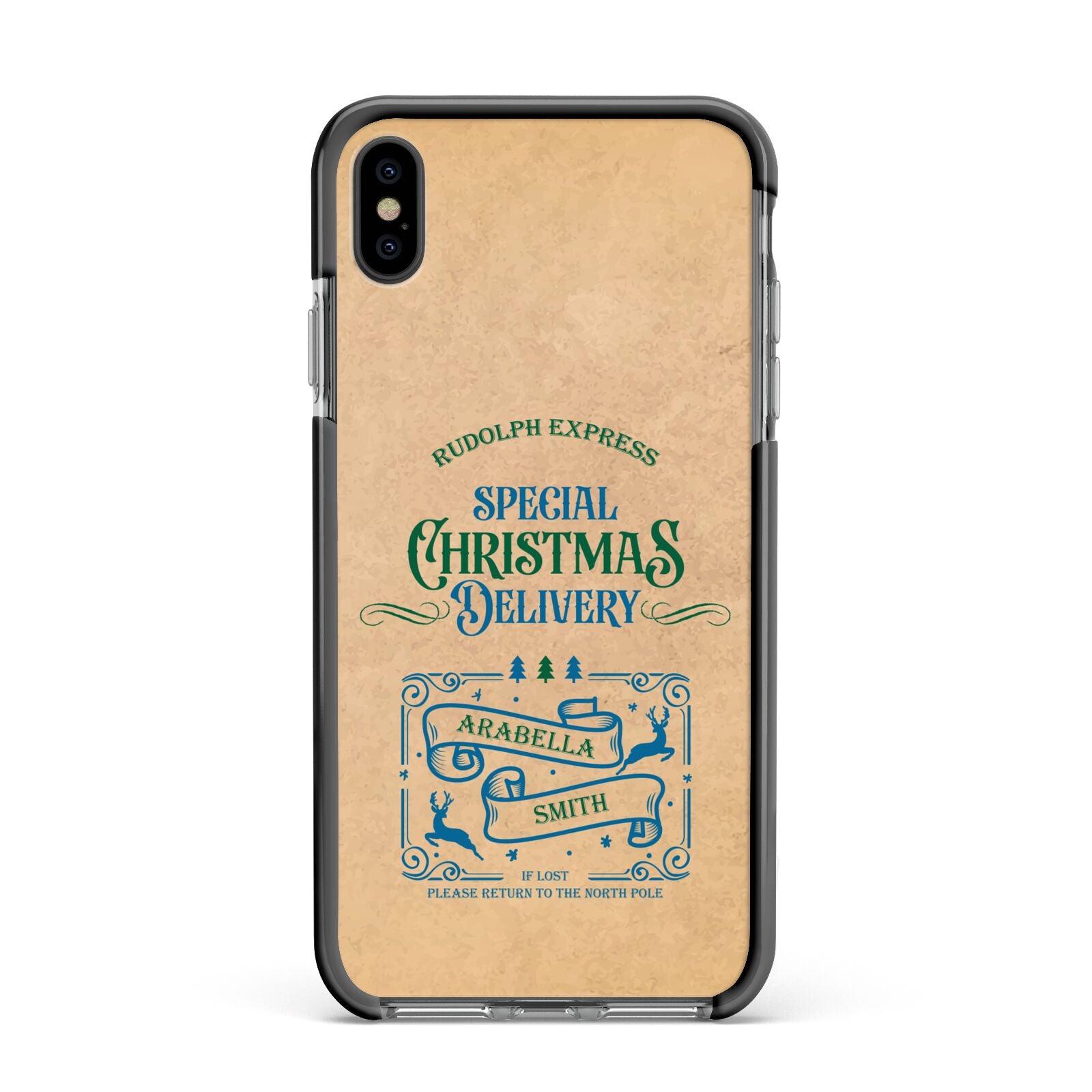 Special Christmas Delivery Personalised Apple iPhone Xs Max Impact Case Black Edge on Black Phone