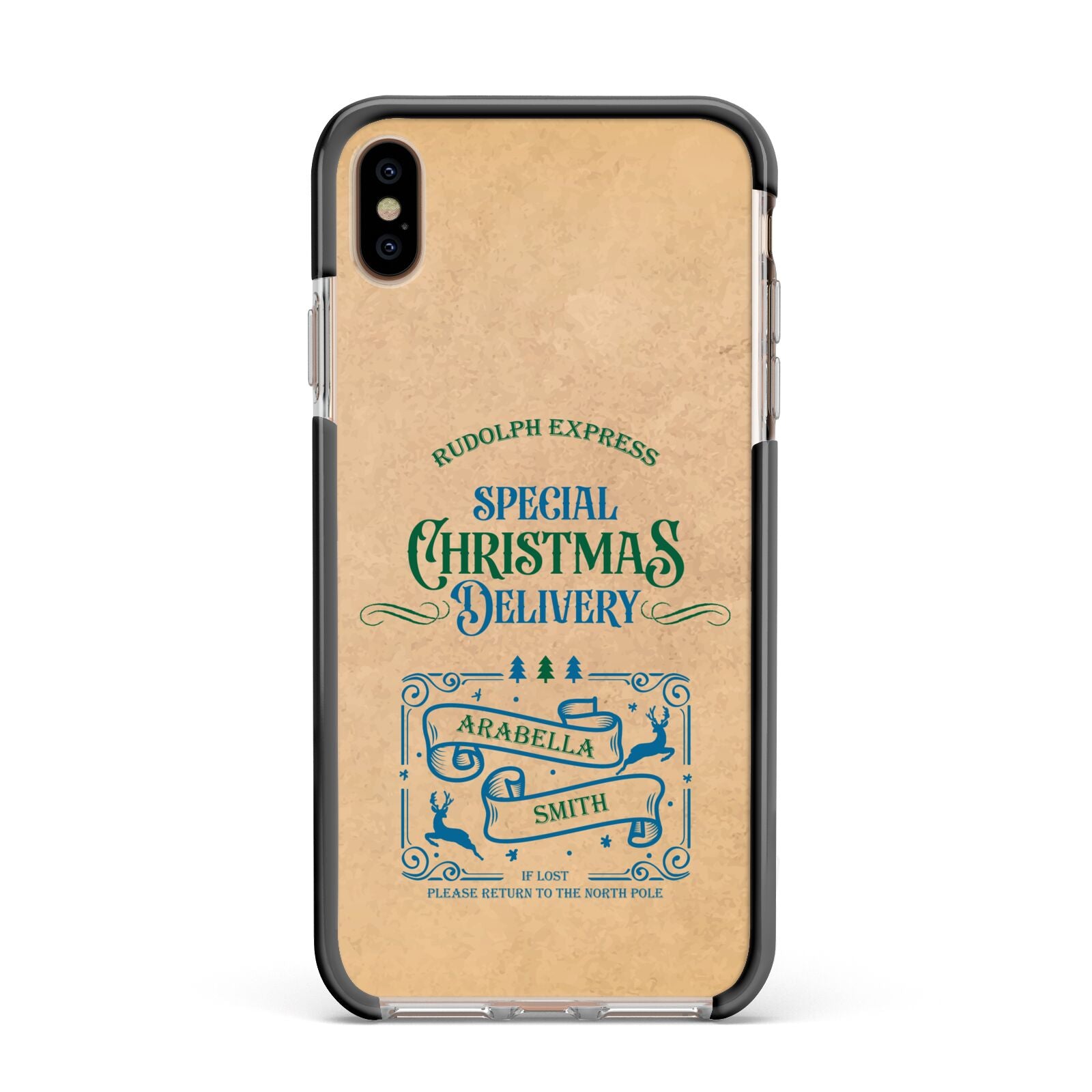 Special Christmas Delivery Personalised Apple iPhone Xs Max Impact Case Black Edge on Gold Phone