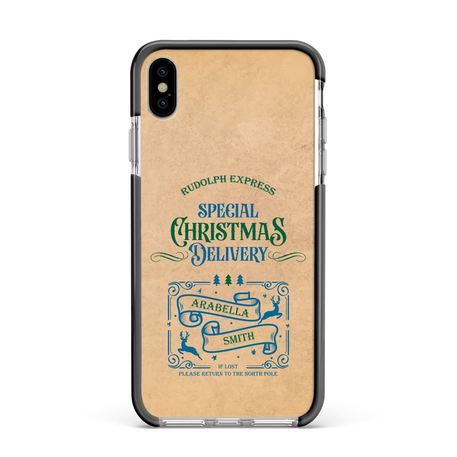 Special Christmas Delivery Personalised Apple iPhone Xs Max Impact Case Black Edge on Silver Phone