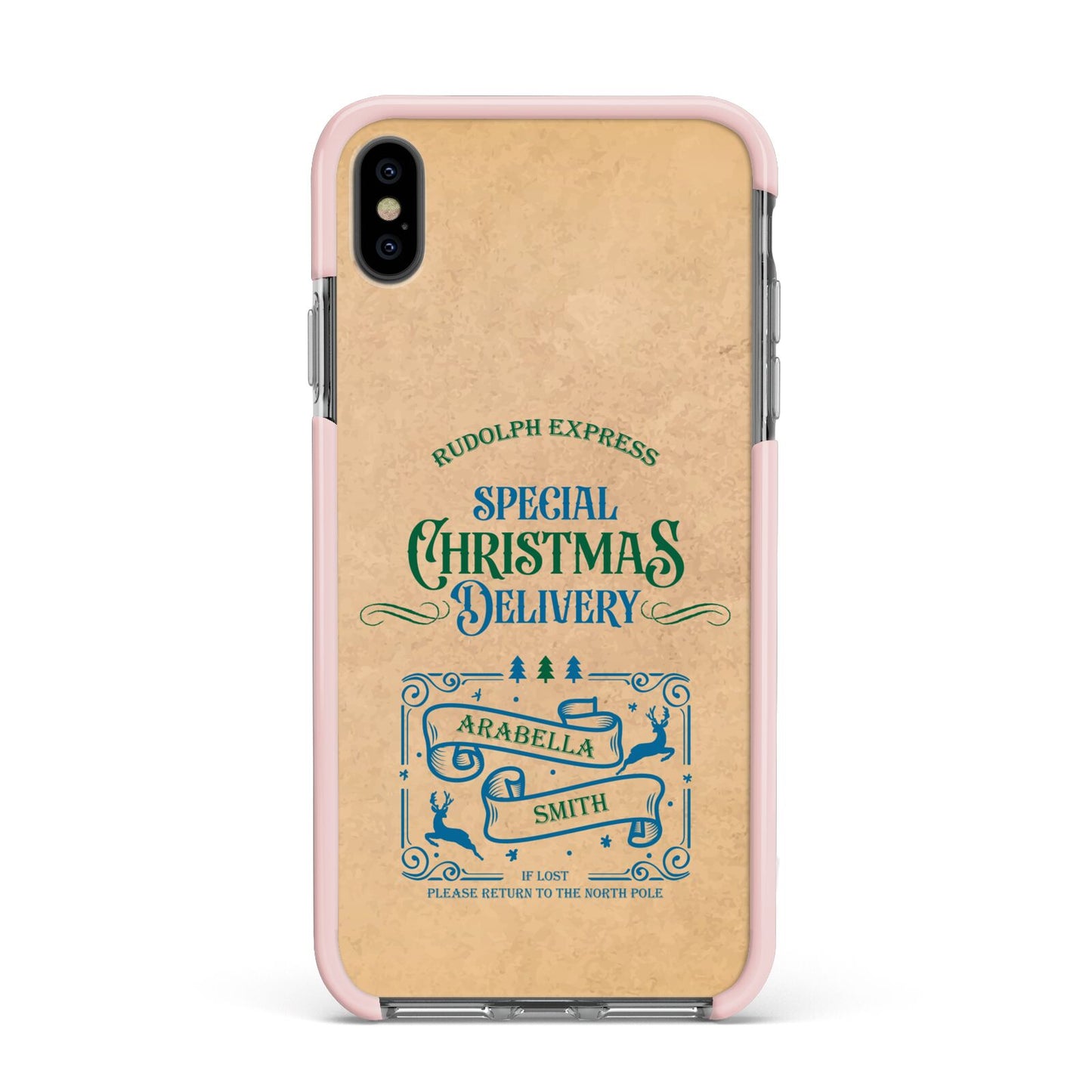 Special Christmas Delivery Personalised Apple iPhone Xs Max Impact Case Pink Edge on Black Phone