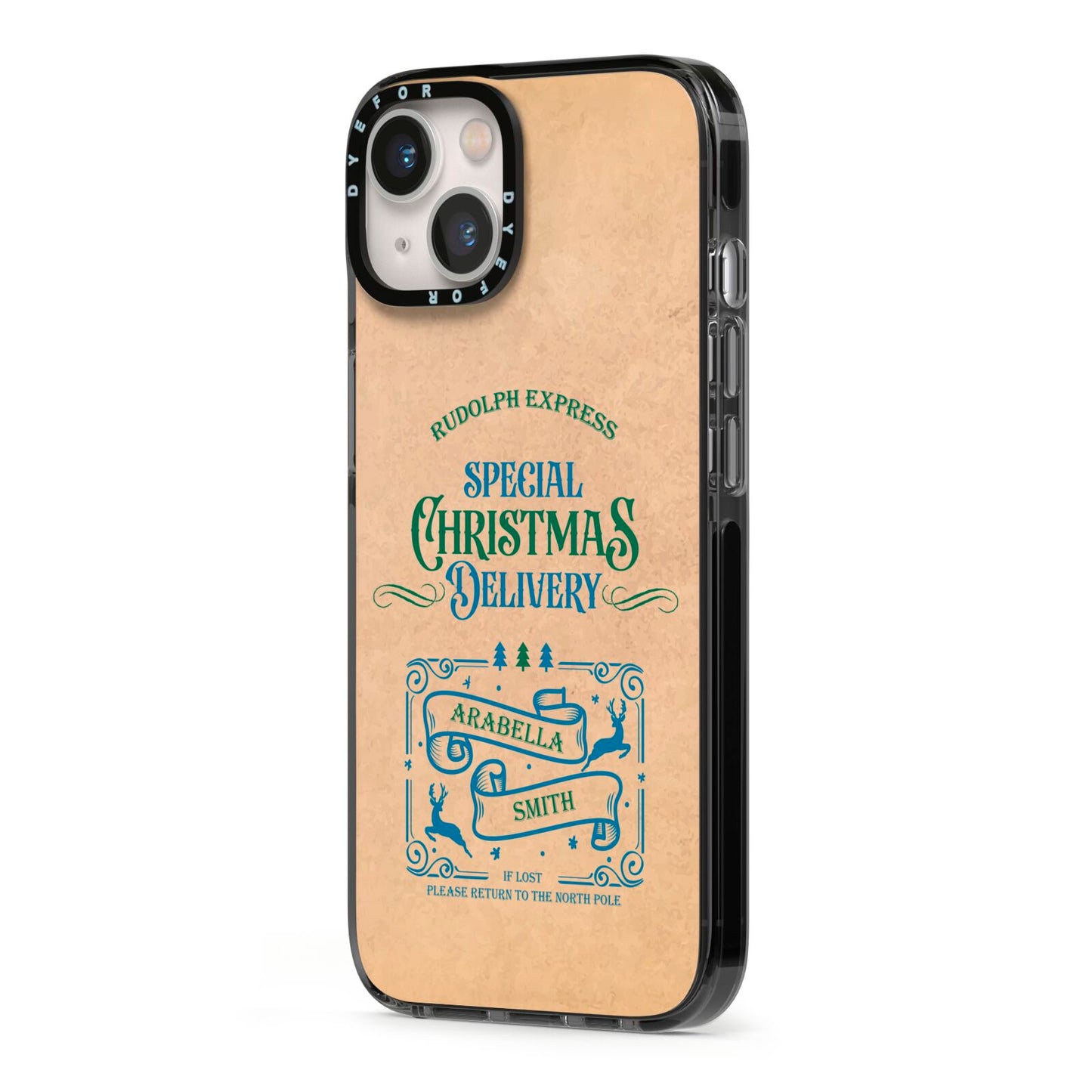 Special Christmas Delivery Personalised iPhone 13 Black Impact Case Side Angle on Silver phone