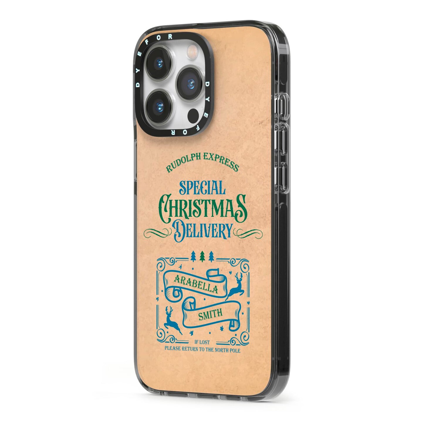 Special Christmas Delivery Personalised iPhone 13 Pro Black Impact Case Side Angle on Silver phone