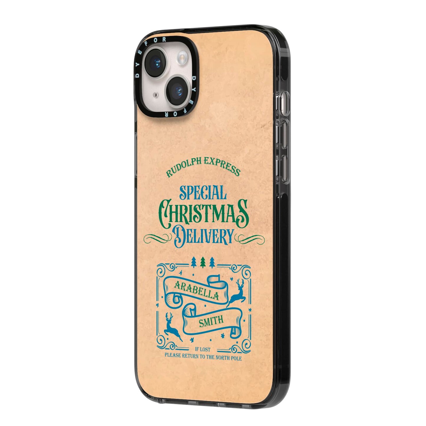 Special Christmas Delivery Personalised iPhone 14 Plus Black Impact Case Side Angle on Silver phone