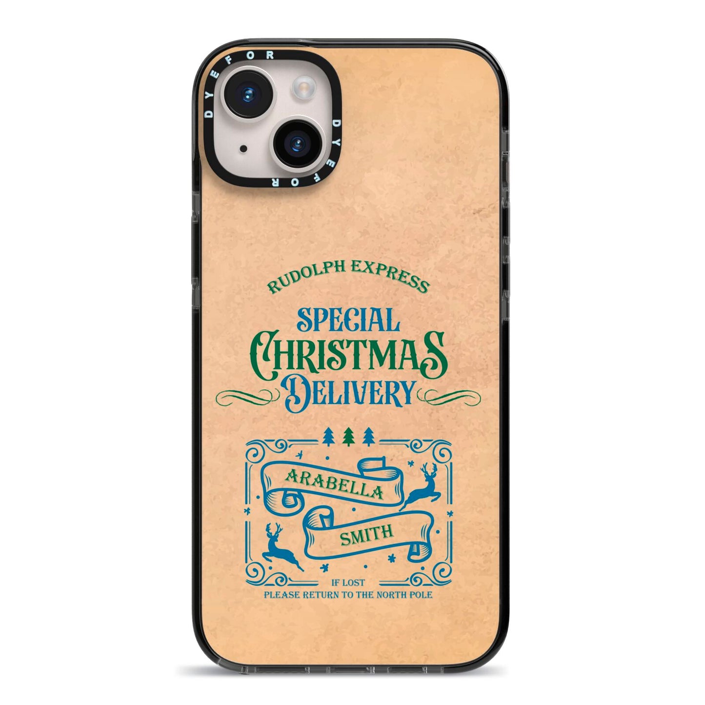 Special Christmas Delivery Personalised iPhone 14 Plus Black Impact Case on Silver phone